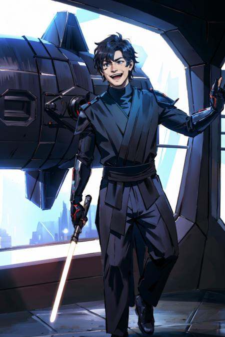 man dressed in black sthoutfit,  spaceship,  holding lightsaber on Tensor.Art