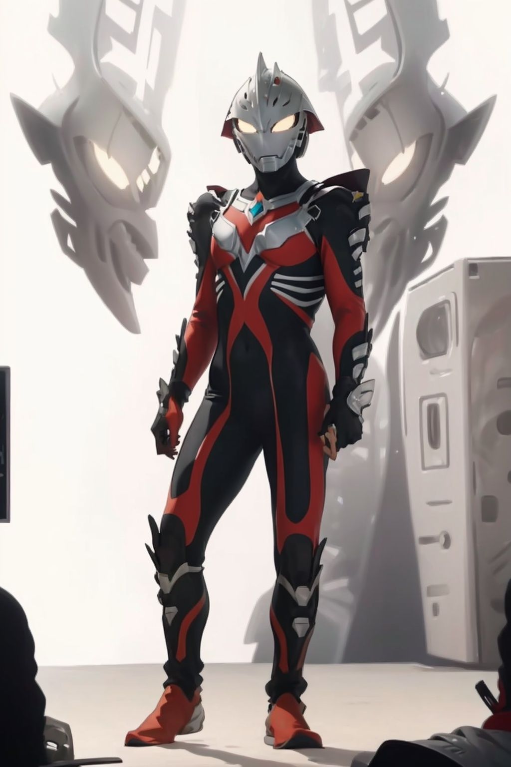 (masterpiece:1.3), (the best quality:1.2), (super fine illustrations:1.2), (Masterpiece), high quality, high detail,((white background:1.2)), looking at viewer, (SOLO:1.4),outline,,simple background,breastplate,shoulder armor,gauntlets,cover,mask,helmet,full armor,weapon,armor,gloves,bodysuit