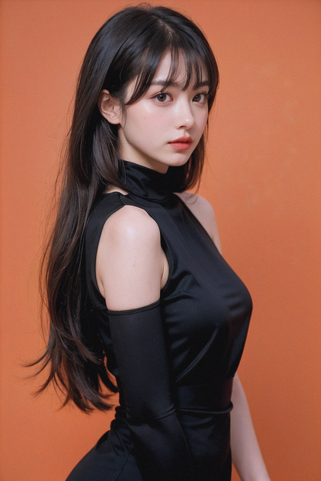 1girl,  hair with bangs,  black long dress on Tensor.Art