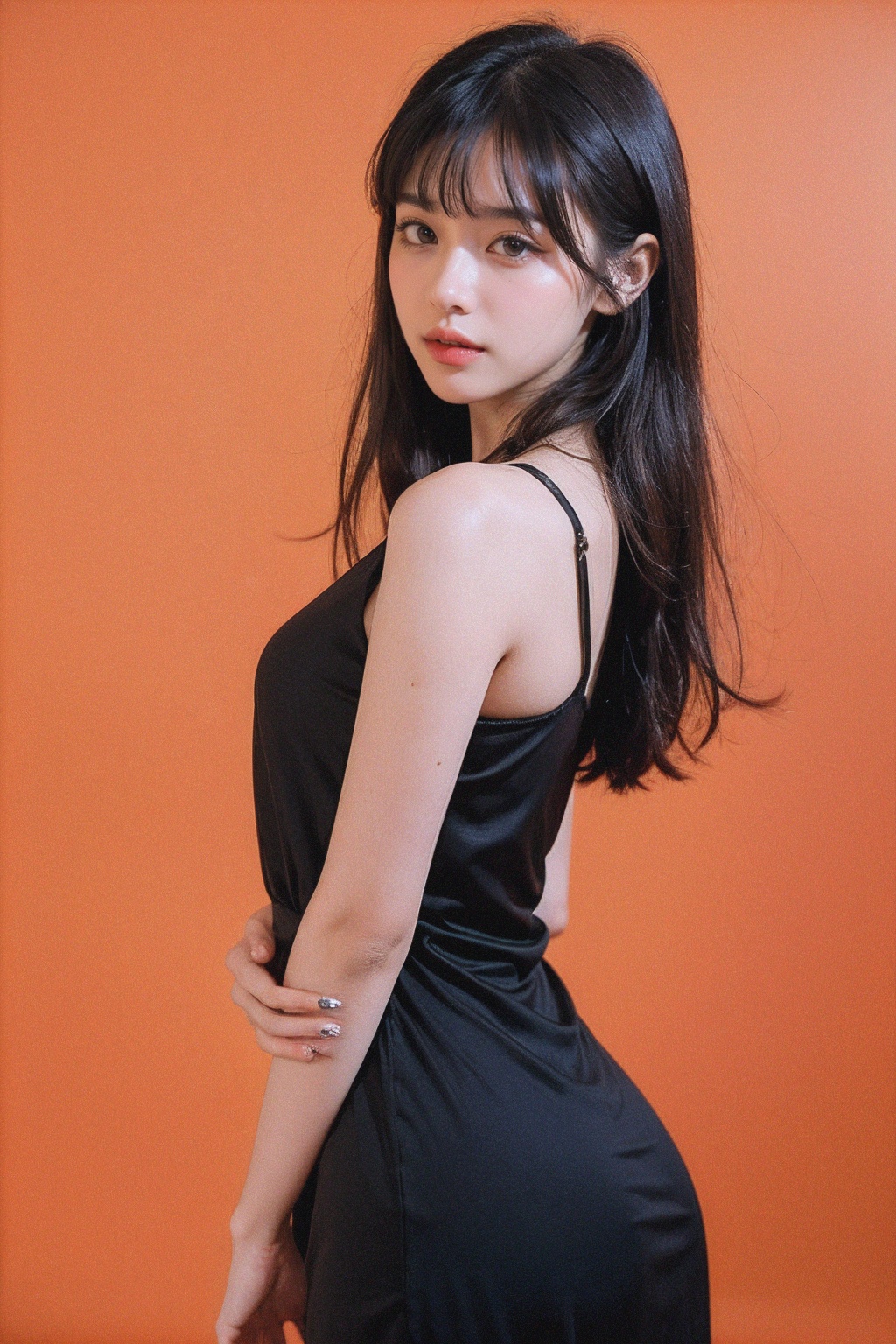 1girl,  hair with bangs,  black long dress on Tensor.Art