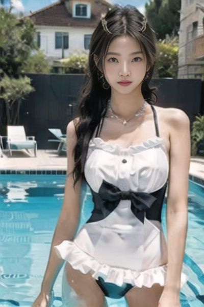 1girl, maid swimsuit,standing, swimming pool,upper body,  <lora:maidswimsuit:0.7>
