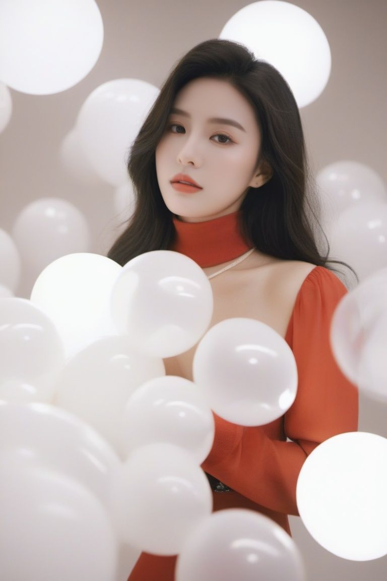  breathtaking cinematic film still, Cowboy_Shot, blouse ,, a cinematic fashion portrait photo of beautiful young woman from the 90s wearing a red turtleneck standing in the middle of a ton of white balloons, dramatic lighting, taken on a hasselblad medium format camera, looks like liuyifei, white balloon, shallow depth of field, vignette, highly detailed, high budget, bokeh, cinemascope, moody, epic, gorgeous, film grain, grainy . award-winning, professional, highly detailed,sc,monkren,wlop