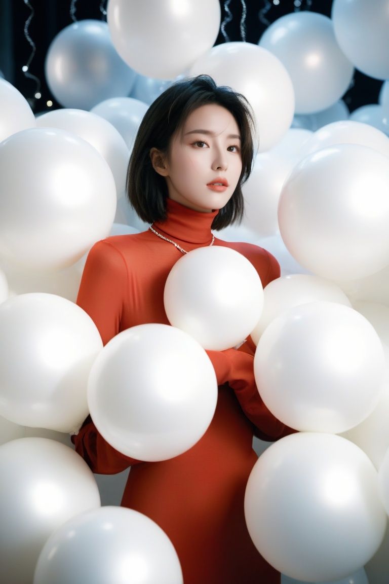 breathtaking cinematic film still, Cowboy_Shot, blouse ,, a cinematic fashion portrait photo of beautiful young woman from the 90s wearing a red turtleneck standing in the middle of a ton of white balloons, dramatic lighting, taken on a hasselblad medium format camera, looks like liuyifei, white balloon, shallow depth of field, vignette, highly detailed, high budget, bokeh, cinemascope, moody, epic, gorgeous, film grain, grainy . award-winning, professional, highly detailed,sc,monkren,wlop