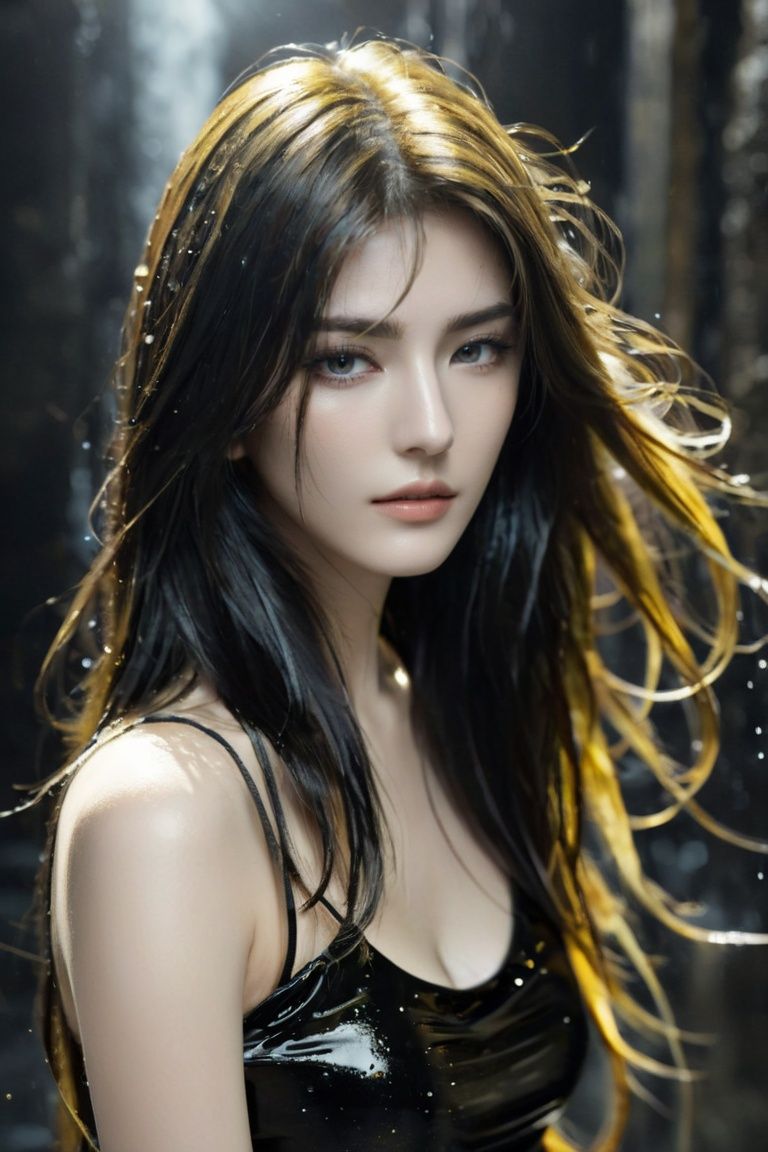  (otherworldly, otherworldly atmosphere, otherworldly appearance), highly insanely detailed, masterpiece, top quality, best quality, highres, 4k, 8k, RAW photo, Caribbean, dark tunnel, 
china street, egyptian, 
depth of field, focused, foreshortening, 
(masterpiece, best quality, official art, beautiful and aesthetic), 1 girl stands in black and gold fluid, half naked, looks at viewer, black and gold thick liquid, floating blond long (wet hair), asphalt drops, precise facial structure, Gradient white fluid, organic feel, viscous, shiny gel, bubbles, , (fantasy world)
, monkren,wlop