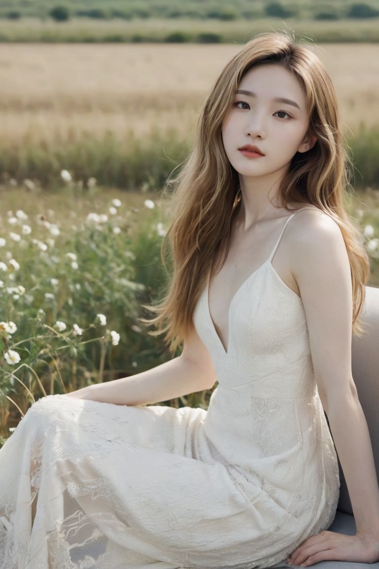  liuyifei sitting on top of a couch in a field, skinny girl in white boho dress, lalisa manobal, alluring girl with long blonde hair, ethereal flowerpunk, feral languid woman, barren landscape, imogen poots, skinny body, desolated, monkren,lyf