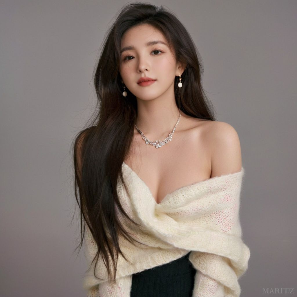 a woman with long hair wearing a white sweater and a colorful scarf over her shoulders and a black bra, 1girl, bare shoulders, black hair, closed eyes, lips, long hair, necklace, off shoulder, realistic, solo, upper body, watermark, web address