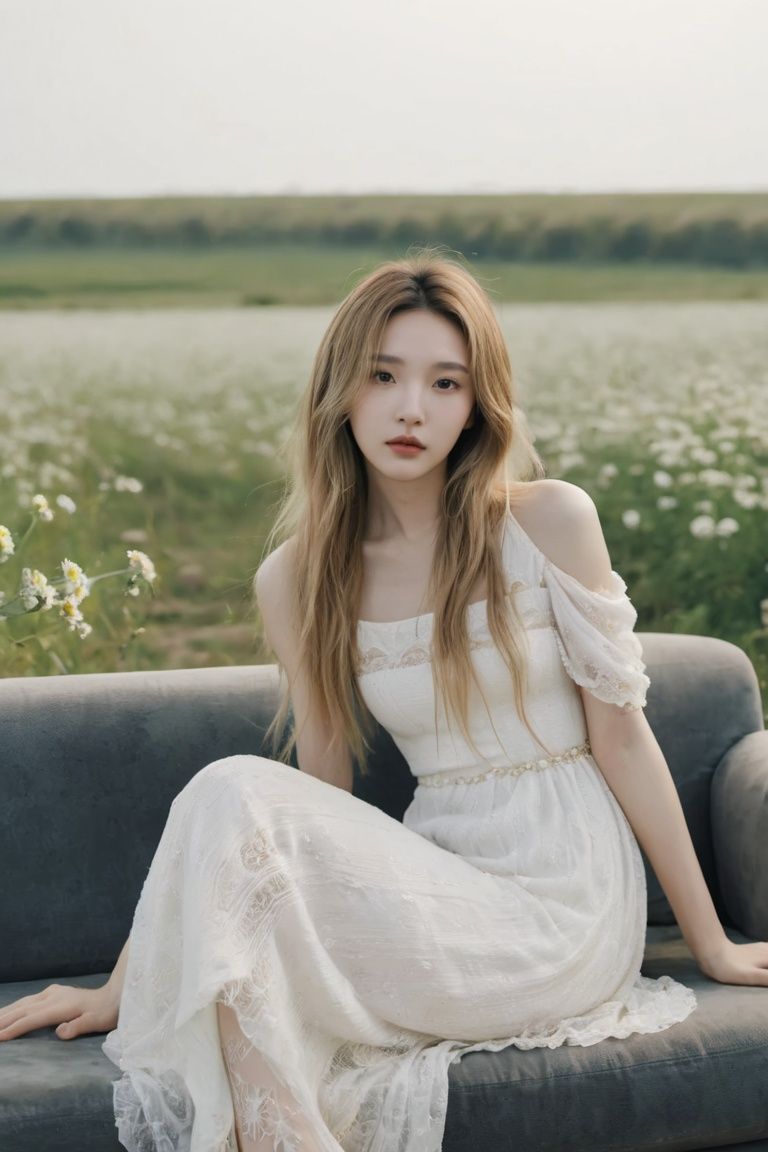  liuyifei sitting on top of a couch in a field, skinny girl in white boho dress, lalisa manobal, alluring girl with long blonde hair, ethereal flowerpunk, feral languid woman, barren landscape, imogen poots, skinny body, desolated, monkren,lyf