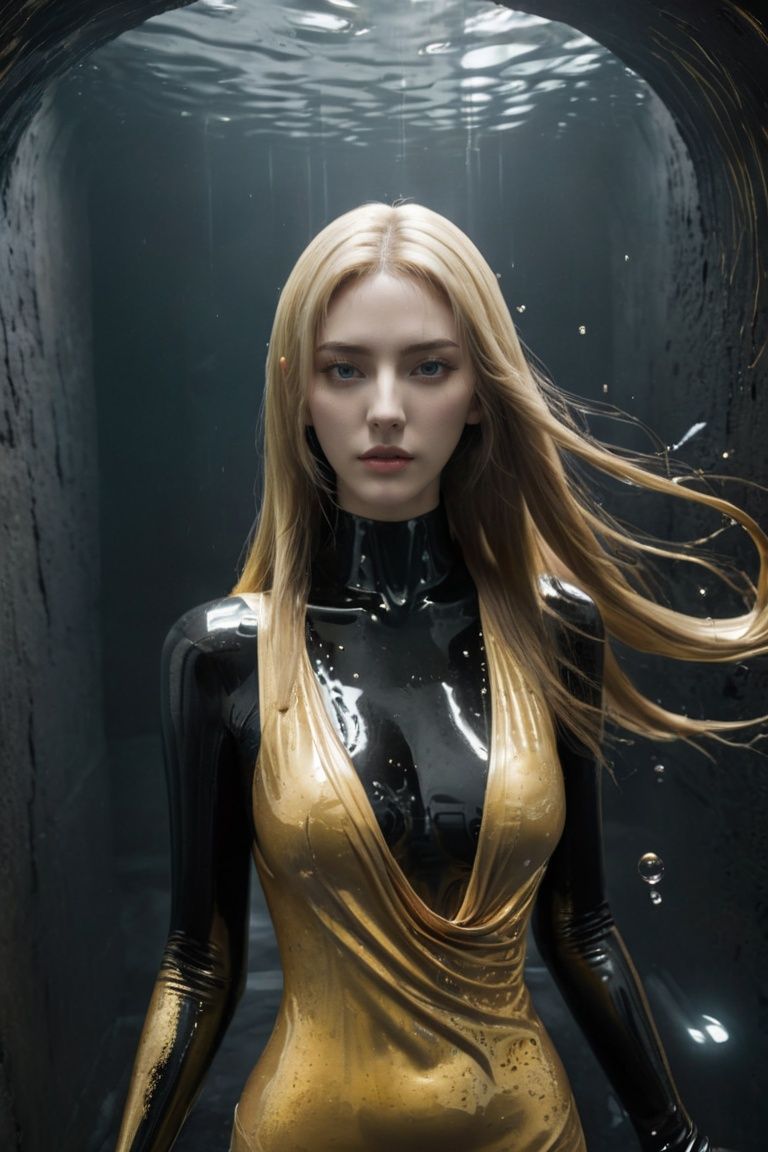  (otherworldly, otherworldly atmosphere, otherworldly appearance), highly insanely detailed, masterpiece, top quality, best quality, highres, 4k, 8k, RAW photo, Caribbean, dark tunnel, 
china street, egyptian, 
depth of field, focused, foreshortening, 
(masterpiece, best quality, official art, beautiful and aesthetic), 1 girl stands in black and gold fluid, half naked, looks at viewer, black and gold thick liquid, floating blond long (wet hair), asphalt drops, precise facial structure, Gradient white fluid, organic feel, viscous, shiny gel, bubbles, , (fantasy world)
, monkren