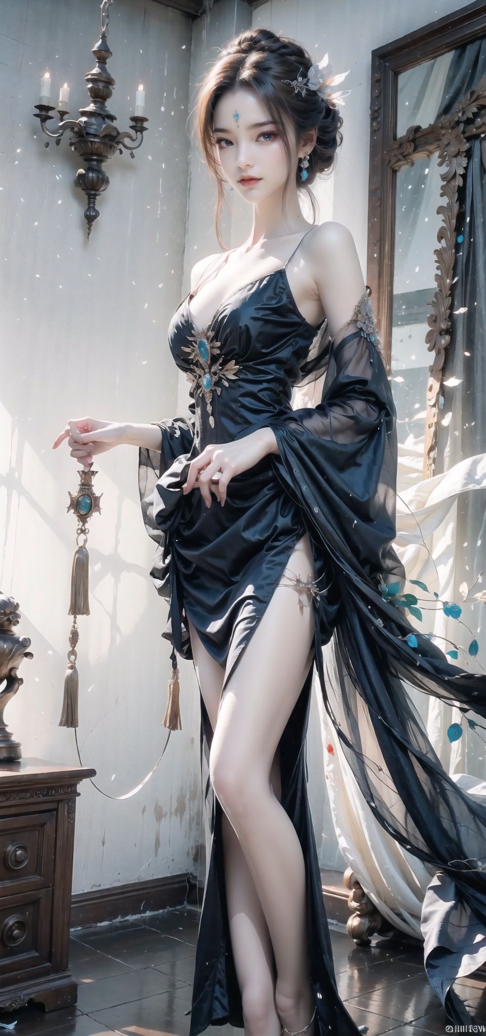 Queen ,  (The background rests on a broken mirror), Full body display, Against a backdrop of broken glass, with a floating skeleton in the background. The Queen's expression is enchanting, her posture is seductive, her hand is holding Red rose, and there is a flicker of evil energy runes in the background, blood mist filled, and soft light. My feet are covered in bones. Skeletons, many skeletons. Black stockings. Official art, unit 8 k wallpaper, ultra detailed, beautiful and aesthetic, masterpiece, best quality, extremely detailed, dynamic angle, paper skin, radius, iuminosity, cowboyshot, the most beautiful form of Chaos, elegant, a brutalist designed, visual colors, romantici**, by James Jean, roby dwi antono, cross tran, francis bacon, Michael mraz, Adrian ghenie, Petra cortright, Gerhard richter, Takato yamamoto, ashley wood, atmospheric, ecstasy of musical notes, streaming musical notes visible, flowers in full bloom, many bird of parade, deep forests, sunlight, atmosphere, rich details, full body lens, shot from above, shot from below, detail background, beautiful sky, floating hair, perfect face, exquisite facial features, high detail, **ile, Fisheye lens, dynamic angle, dynamic posture,shidudou,cap,hunsha,fanxing,*****,liuli2,qzclothing_white,Animal ear,jinmeng,（A broken lens that breaks ,the texture of the mirror ：1.0）,red and gold dress,tiara,bj_Devil_angel,Biu1213,xiaoyemao,yuyao,1girl