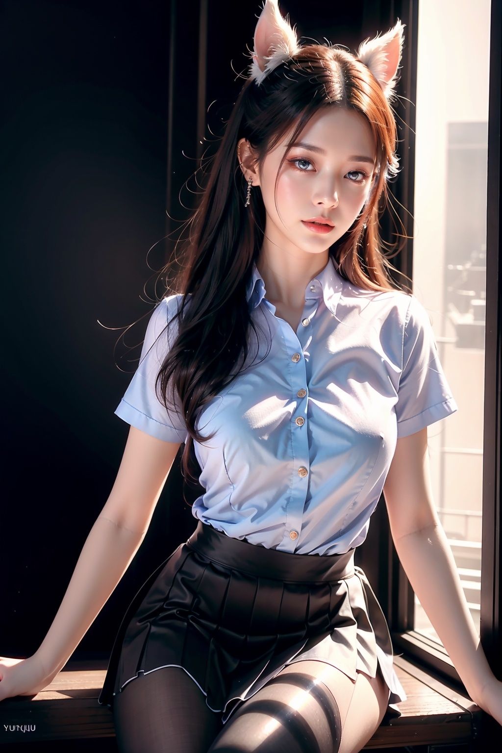xuxin,ultra realistic 8k cg, picture-perfect face, flawless, clean, masterpiece, professional artwork, famous artwork, perfect face, beautiful face, beautiful eyes, ((perfect female body)), solo,(immersive atmosphere, chiaroscuro:1.5,bright light:1.2,luminous lighting),,(blush:0.5),seductive expression,extremely detailed_eyes,thick thighs,large breasts,beautifully detailed background,depth of field,realistic:1.3, long shot,1girl,shirt,pleated skirt, school uniform, sitting, full body, (ambient light:1.3),(cinematic composition:1.3),(neon lights:0.1),(HDR:0.1),Accent Lighting, white pantyhose, ,ChihunHentai,blue_jijiaS,Pink Mecha,machinery,Dragon ear,yunxi