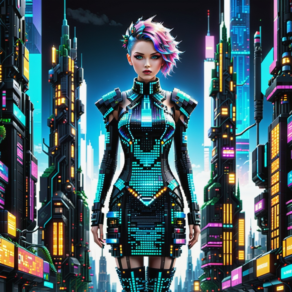 In a world where nature and technology converge in a breathtaking symphony of 'Pixel Punk Pixel Dress,  ' imagine a charac...