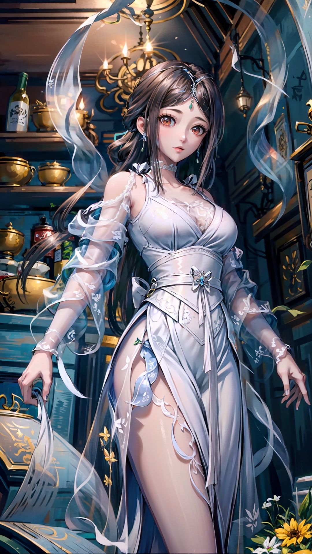 masterpiece,best quality,1girl, brown eyes, long hair, dress ,cowboy shot, dynamic pose, dynamic angle