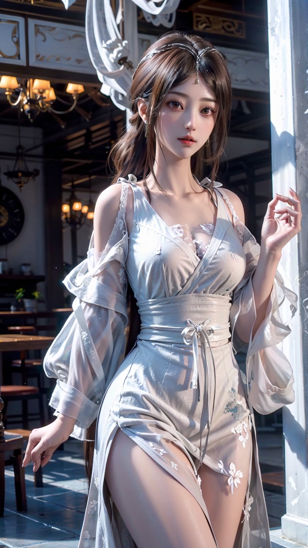  masterpiece,best quality,1girl, brown eyes, long hair, dress ,cowboy shot, dynamic pose, dynamic angle