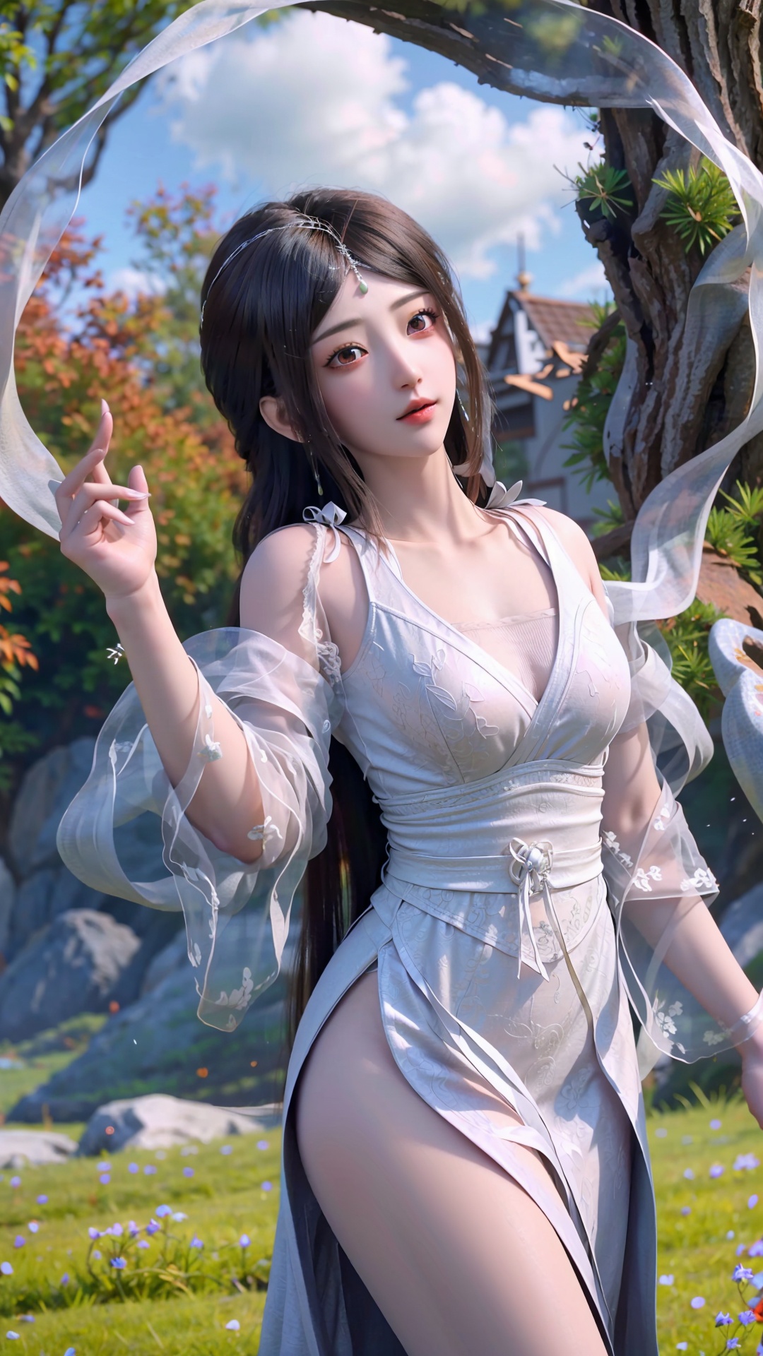  masterpiece,best quality,1girl, brown eyes, long hair, dress ,cowboy shot, dynamic pose, dynamic angle