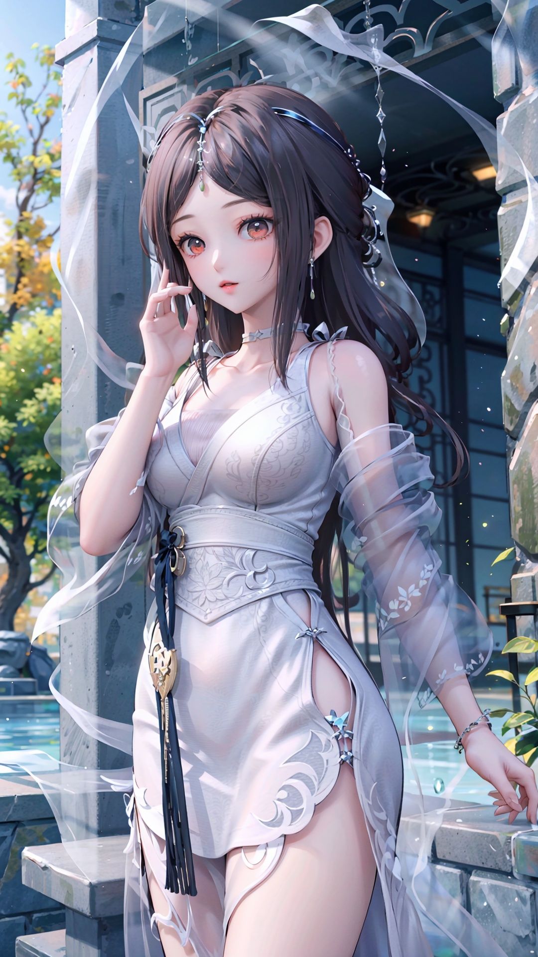 masterpiece,best quality,1girl, brown eyes, long hair, dress ,cowboy shot, dynamic pose, dynamic angle