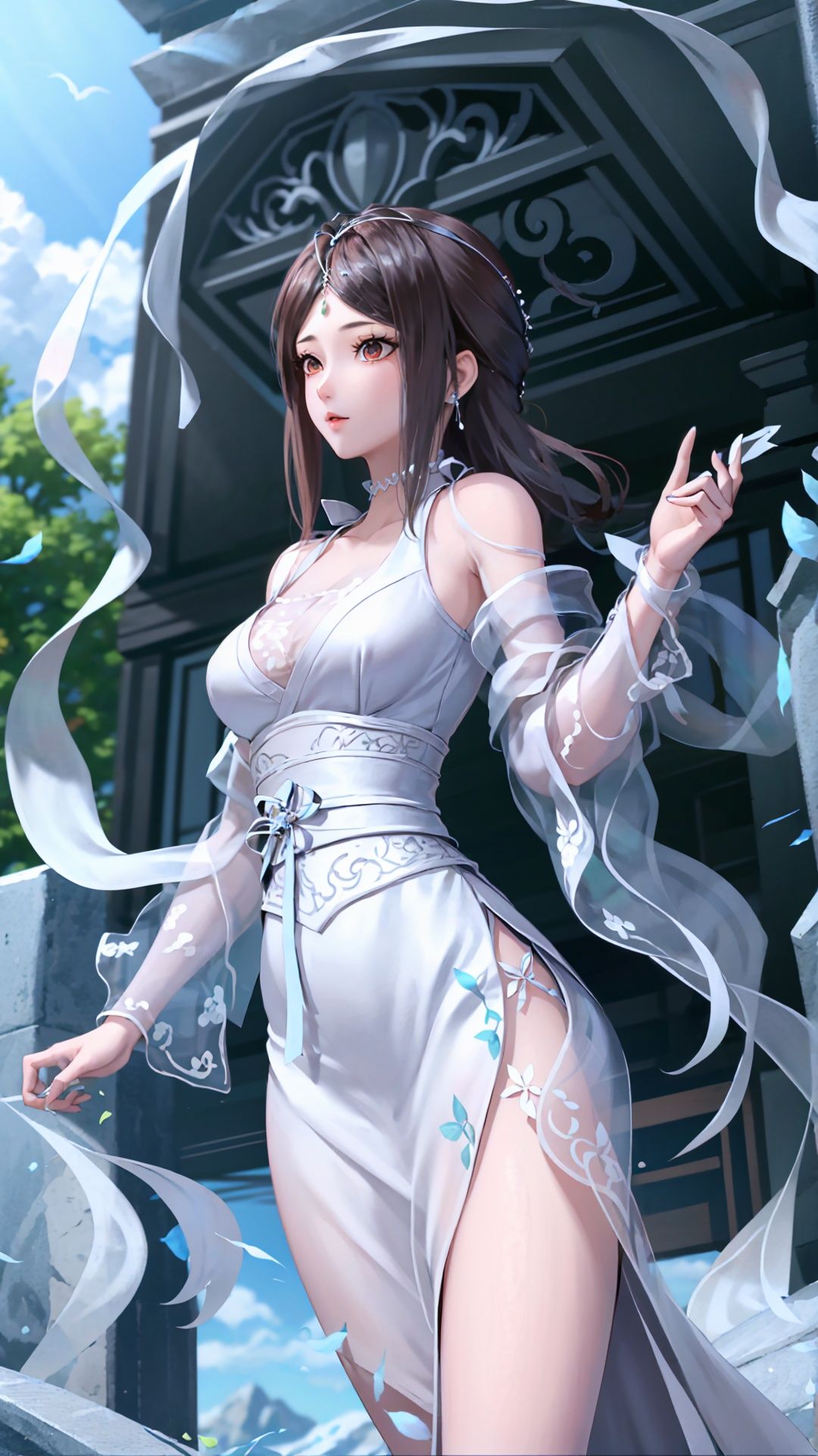 masterpiece,best quality,1girl, brown eyes, long hair, dress ,cowboy shot, dynamic pose, dynamic angle