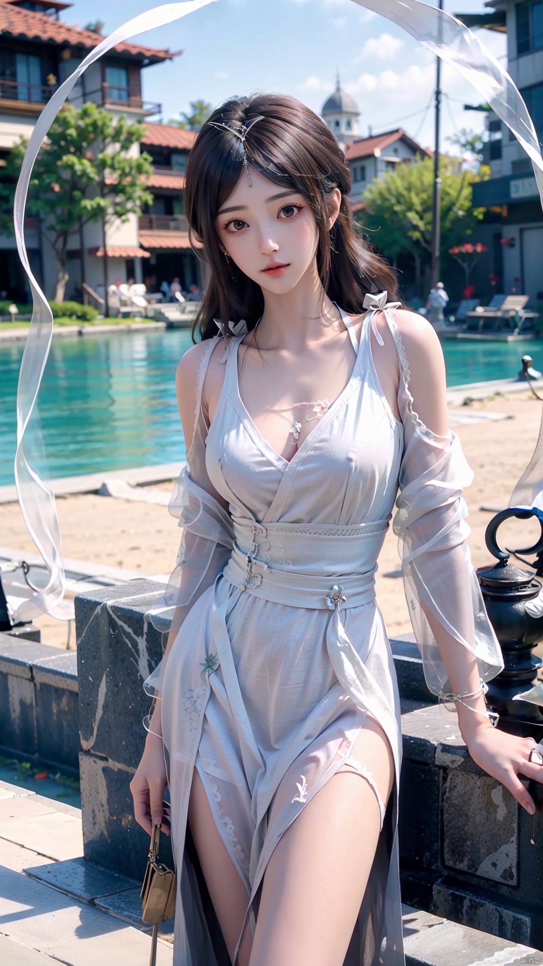  masterpiece,best quality,1girl, brown eyes, long hair, dress ,cowboy shot, dynamic pose, dynamic angle