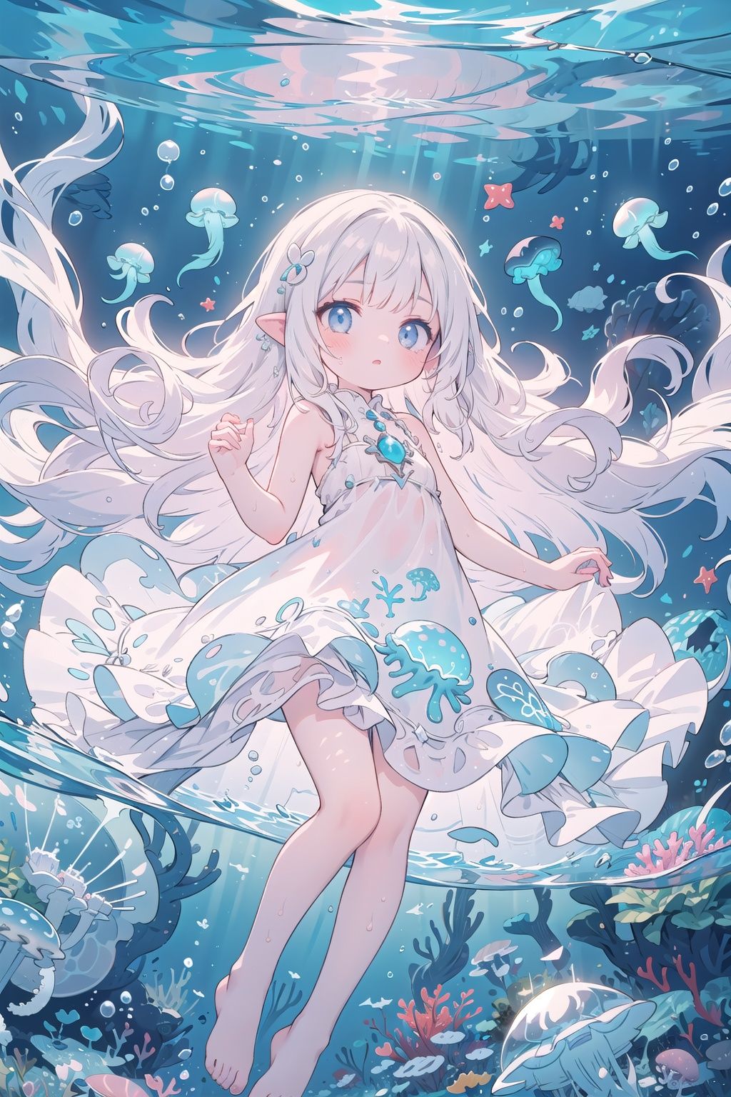 (girl with jellyfish motif:1.3), (flowing translucent dress:1.2), (luminous glow:1.3), (long wavy hair resembling tentacles:1.2), (delicate and graceful movements:1.3), (underwater ambiance:1.2), (floating effortlessly:1.2), (soft pastel colors:1.1), (ethereal beauty:1.3), (surrounded by small jellyfish:1.2), (gentle expression:1.1), (reflective eyes like deep sea:1.2), (barefoot with delicate feet:1.0), (ambient bubbles around:1.1), (mysterious aura:1.2), nsfw
