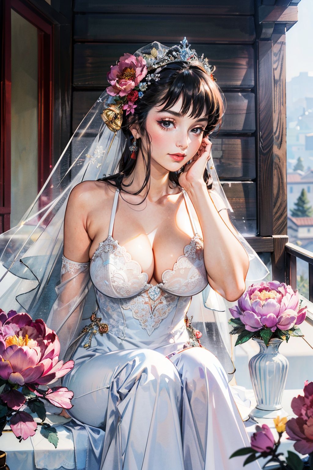 (wedding_dress:1.4),best quality,masterpiece,(landscape:1.3),(peony (flower):1.2),(photorealistic:1.4),unity 8k wallpaper,vase,sunlight,blunt bangs,huasanchuan,(ultra detailed:1.3),(light_on_face:1.4),1girl,blcc,solo,(looking at viewer:1.2),looking at viewer,(leaning_on_object:1.2),light rays,large breasts,(long hair:1.3),outdoors,chinese new year,