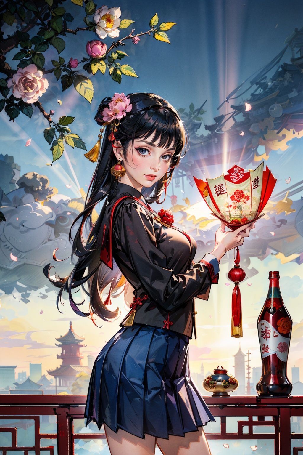 best quality,masterpiece,(naoetsu_high_school_uniform:1.4),(peony (flower):1.2),cowboy_shot,(photorealistic:1.4),unity 8k wallpaper,vase,sunlight,blunt bangs,huasanchuan,(ultra detailed:1.3),(light_on_face:1.4),1girl,blcc,solo,skirt,(looking at viewer:1.2),looking at viewer,(leaning_on_object:1.2),light rays,large breasts,(long hair:1.3),(chinese new year:1.4),outdoors,
