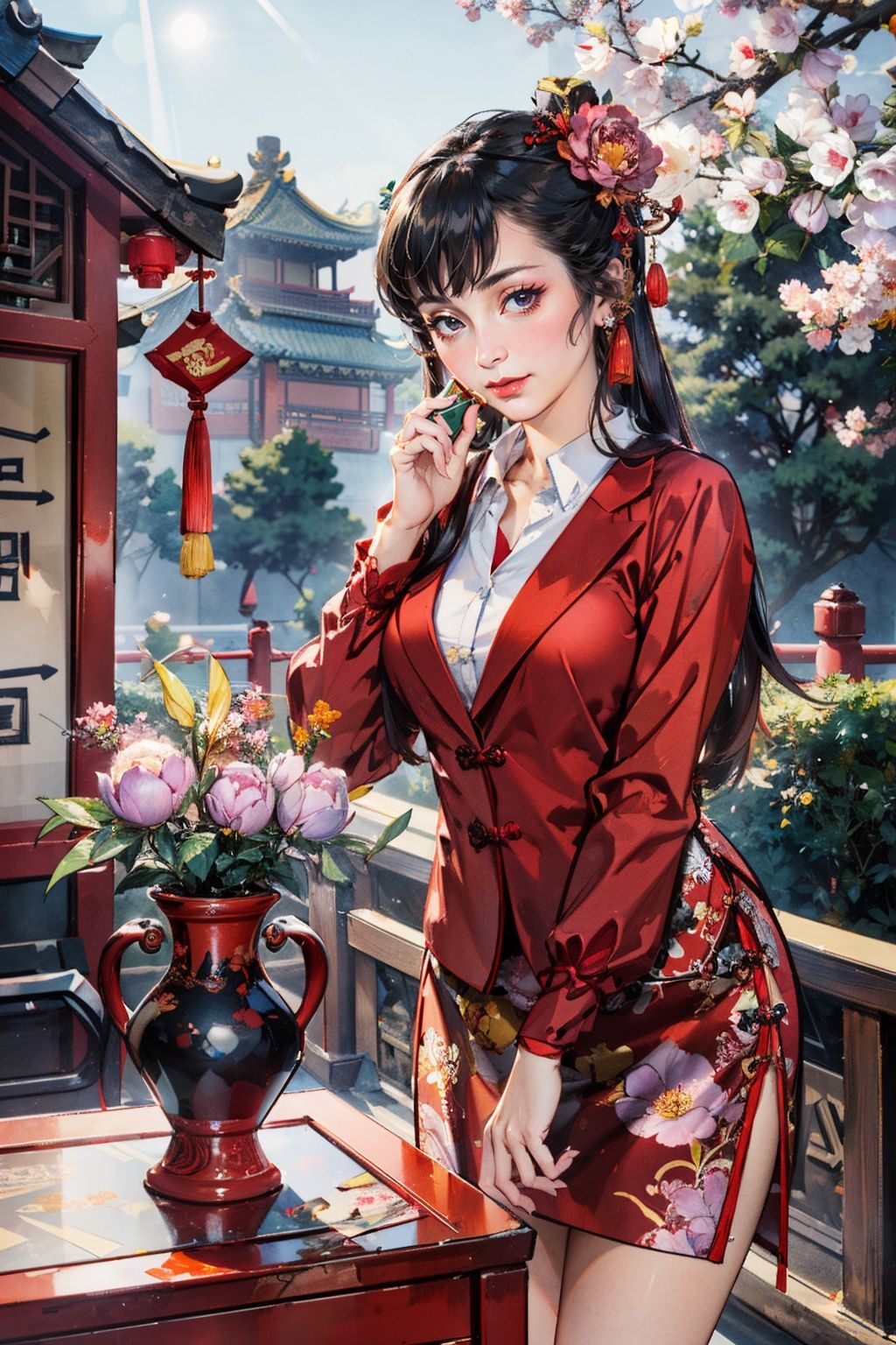 (suit:1.5),best quality,masterpiece,(landscape:1.3),(peony (flower):1.2),(photorealistic:1.4),unity 8k wallpaper,vase,sunlight,blunt bangs,huasanchuan,(ultra detailed:1.3),(light_on_face:1.4),1girl,blcc,solo,(looking at viewer:1.2),looking at viewer,(leaning_on_object:1.2),light rays,large breasts,(long hair:1.3),(chinese new year:1.4),outdoors,