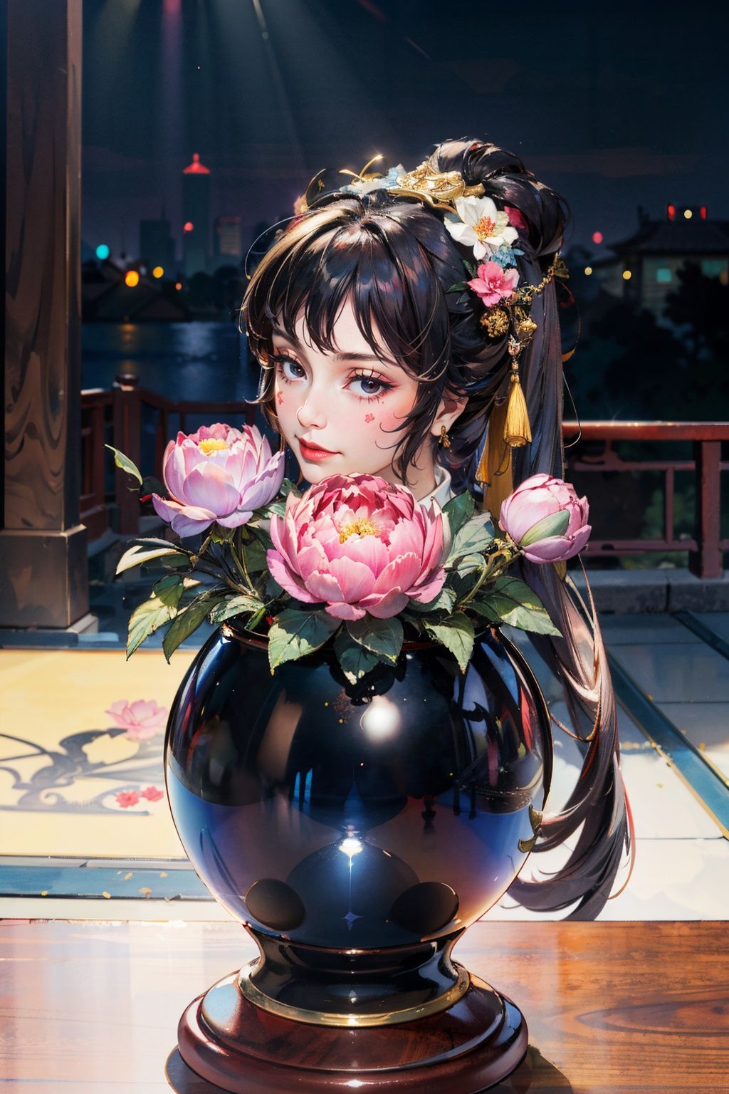 (domineering:1.4),best quality,masterpiece,(landscape:1.3),(peony (flower):1.2),(photorealistic:1.4),unity 8k wallpaper,vase,sunlight,blunt bangs,huasanchuan,(ultra detailed:1.3),(light_on_face:1.4),1girl,blcc,solo,(looking at viewer:1.2),looking at viewer,(leaning_on_object:1.2),light rays,large breasts,(long hair:1.3),outdoors,chinese new year,