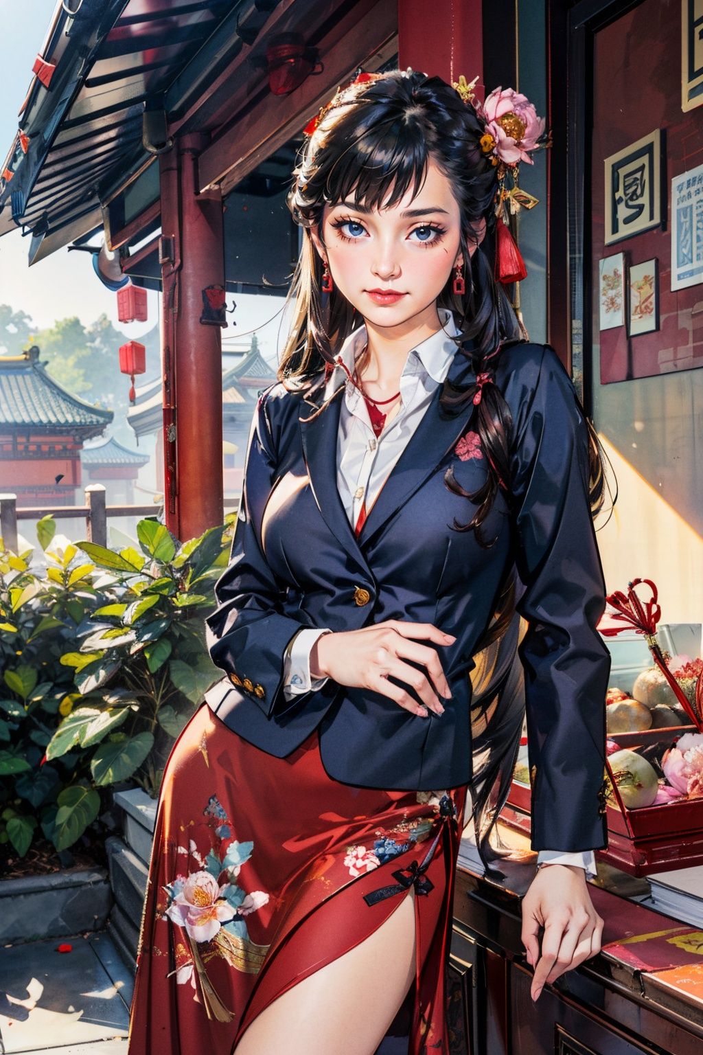 best quality,masterpiece,(suit:1.5),(landscape:1.3),(peony (flower):1.2),(photorealistic:1.4),unity 8k wallpaper,vase,sunlight,blunt bangs,huasanchuan,(ultra detailed:1.3),(light_on_face:1.4),1girl,blcc,solo,skirt,(looking at viewer:1.2),looking at viewer,(leaning_on_object:1.2),light rays,large breasts,(long hair:1.3),(chinese new year:1.4),outdoors,