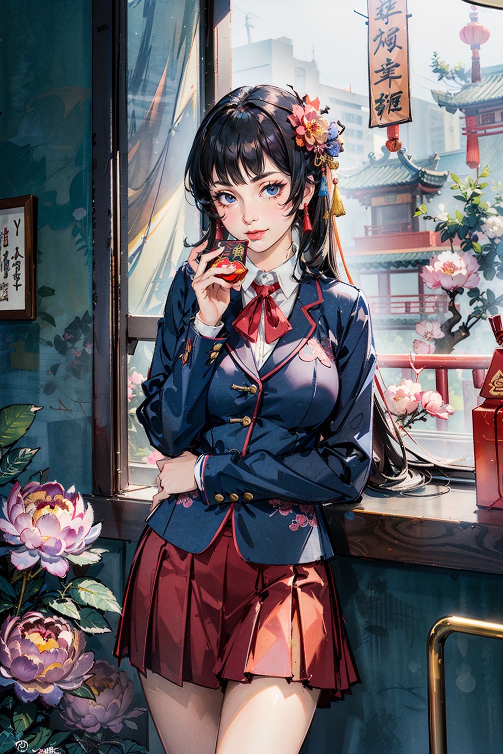 best quality,masterpiece,(naoetsu_high_school_uniform:1.4),(peony (flower):1.2),cowboy_shot,(photorealistic:1.4),unity 8k wallpaper,vase,sunlight,blunt bangs,huasanchuan,(ultra detailed:1.3),(light_on_face:1.4),1girl,blcc,solo,skirt,(looking at viewer:1.2),looking at viewer,(leaning_on_object:1.2),light rays,large breasts,(long hair:1.3),(chinese new year:1.4),outdoors,