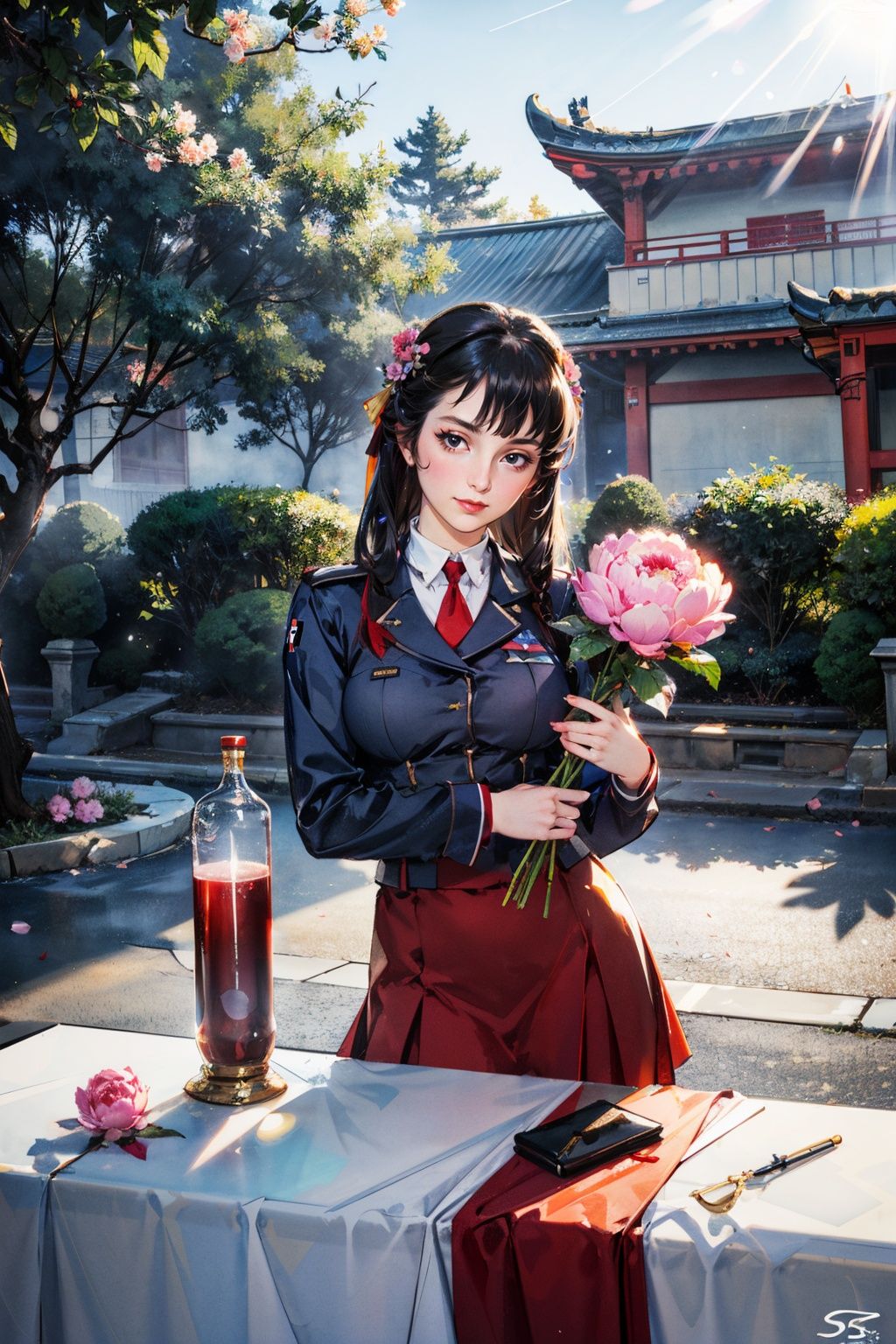 (ss_uniform/nazi_uniform:1.4),best quality,masterpiece,(landscape:1.3),(peony (flower):1.2),(photorealistic:1.4),unity 8k wallpaper,vase,sunlight,blunt bangs,huasanchuan,(ultra detailed:1.3),(light_on_face:1.4),1girl,blcc,solo,(looking at viewer:1.2),looking at viewer,(leaning_on_object:1.2),light rays,large breasts,(long hair:1.3),outdoors,chinese new year,