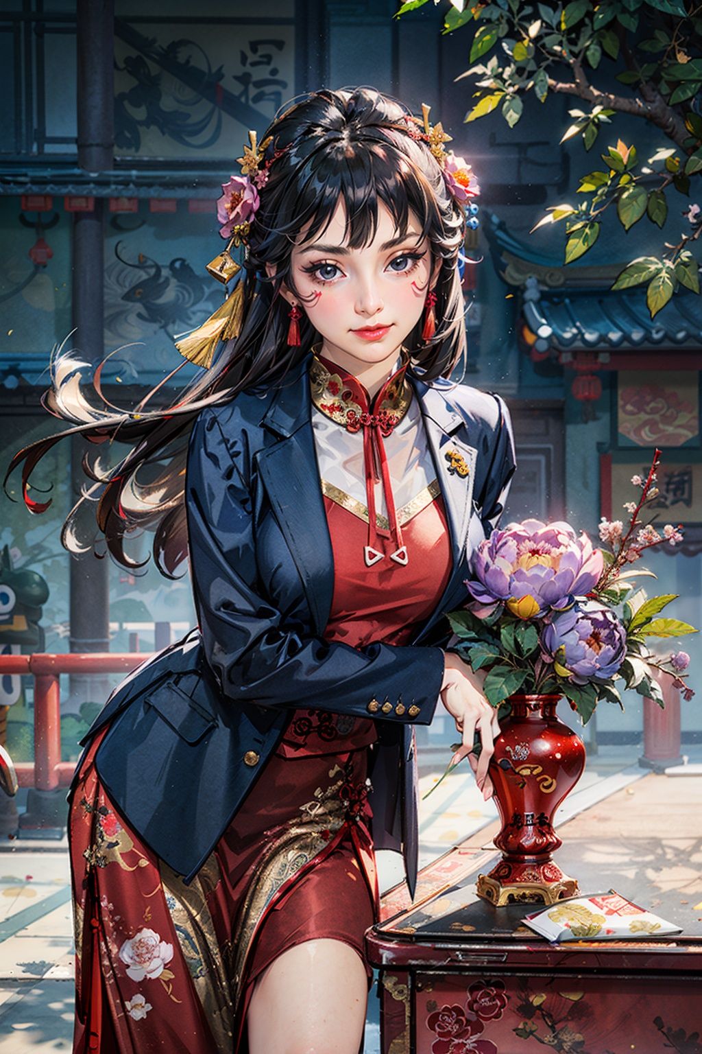 best quality,masterpiece,(landscape:1.3),(suit:1.3),(peony (flower):1.2),(photorealistic:1.4),unity 8k wallpaper,vase,sunlight,blunt bangs,huasanchuan,(ultra detailed:1.3),(light_on_face:1.4),1girl,blcc,solo,skirt,(looking at viewer:1.2),looking at viewer,(leaning_on_object:1.2),light rays,large breasts,(long hair:1.3),(chinese new year:1.4),outdoors,