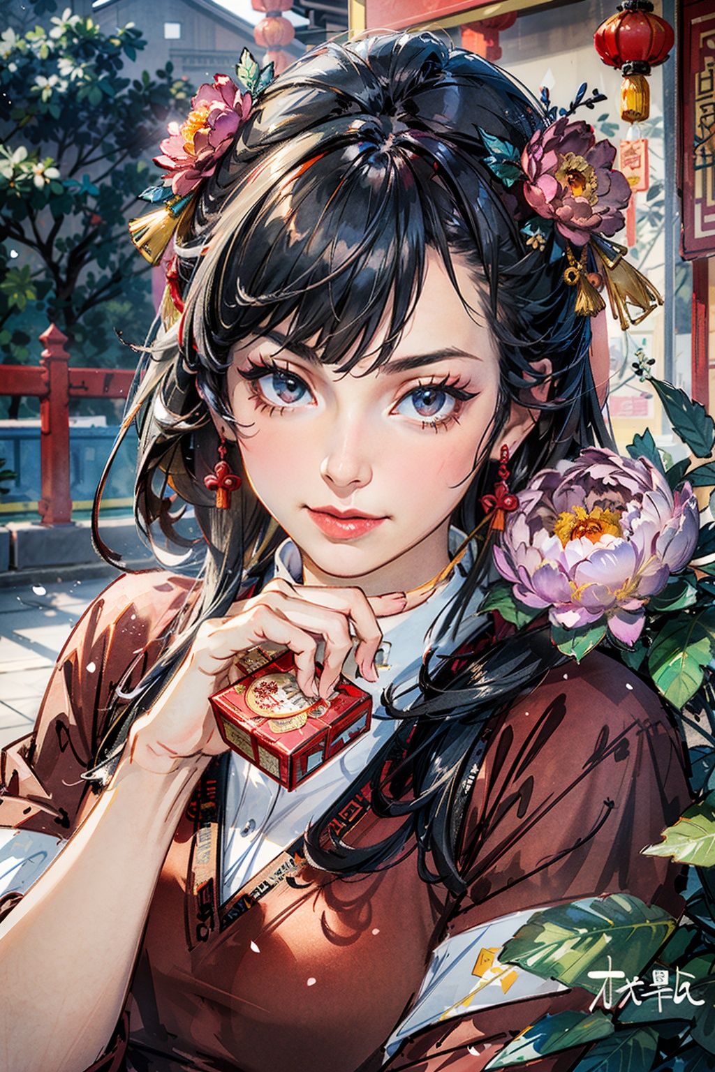 best quality,masterpiece,(portrait:1.2),(naoetsu_high_school_uniform:1.4),(peony (flower):1.2),(photorealistic:1.4),unity 8k wallpaper,vase,sunlight,blunt bangs,huasanchuan,(ultra detailed:1.3),(light_on_face:1.4),1girl,blcc,solo,skirt,(looking at viewer:1.2),looking at viewer,(leaning_on_object:1.2),light rays,large breasts,(long hair:1.3),(chinese new year:1.4),outdoors,