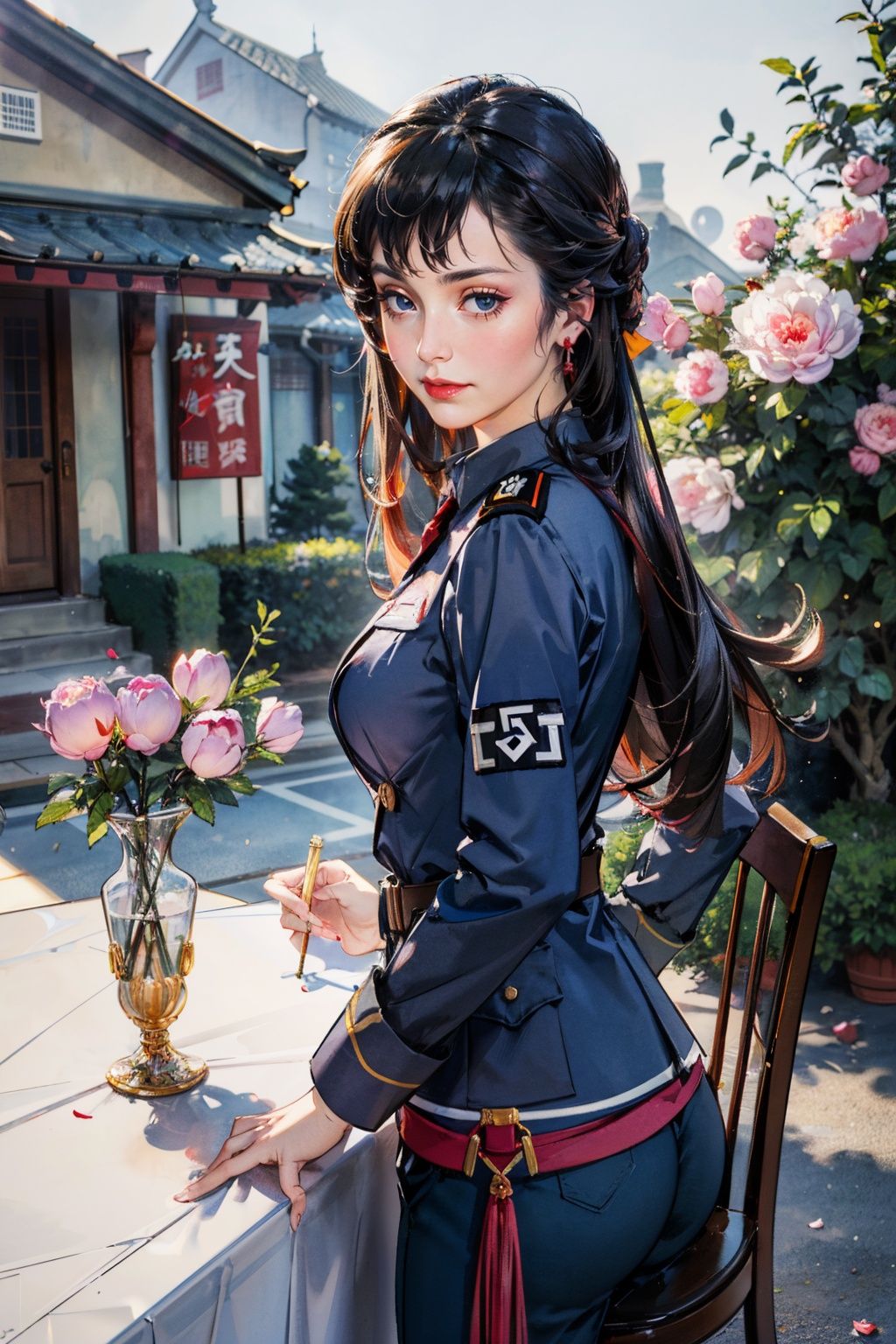 (ss_uniform/nazi_uniform:1.4),best quality,masterpiece,(landscape:1.3),(peony (flower):1.2),(photorealistic:1.4),unity 8k wallpaper,vase,sunlight,blunt bangs,huasanchuan,(ultra detailed:1.3),(light_on_face:1.4),1girl,blcc,solo,(looking at viewer:1.2),looking at viewer,(leaning_on_object:1.2),light rays,large breasts,(long hair:1.3),outdoors,chinese new year,