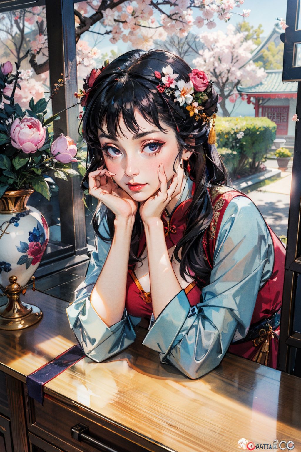 (domineering:1.4),best quality,masterpiece,(landscape:1.3),(peony (flower):1.2),(photorealistic:1.4),unity 8k wallpaper,vase,sunlight,blunt bangs,huasanchuan,(ultra detailed:1.3),(light_on_face:1.4),1girl,blcc,solo,(looking at viewer:1.2),looking at viewer,(leaning_on_object:1.2),light rays,large breasts,(long hair:1.3),outdoors,chinese new year,