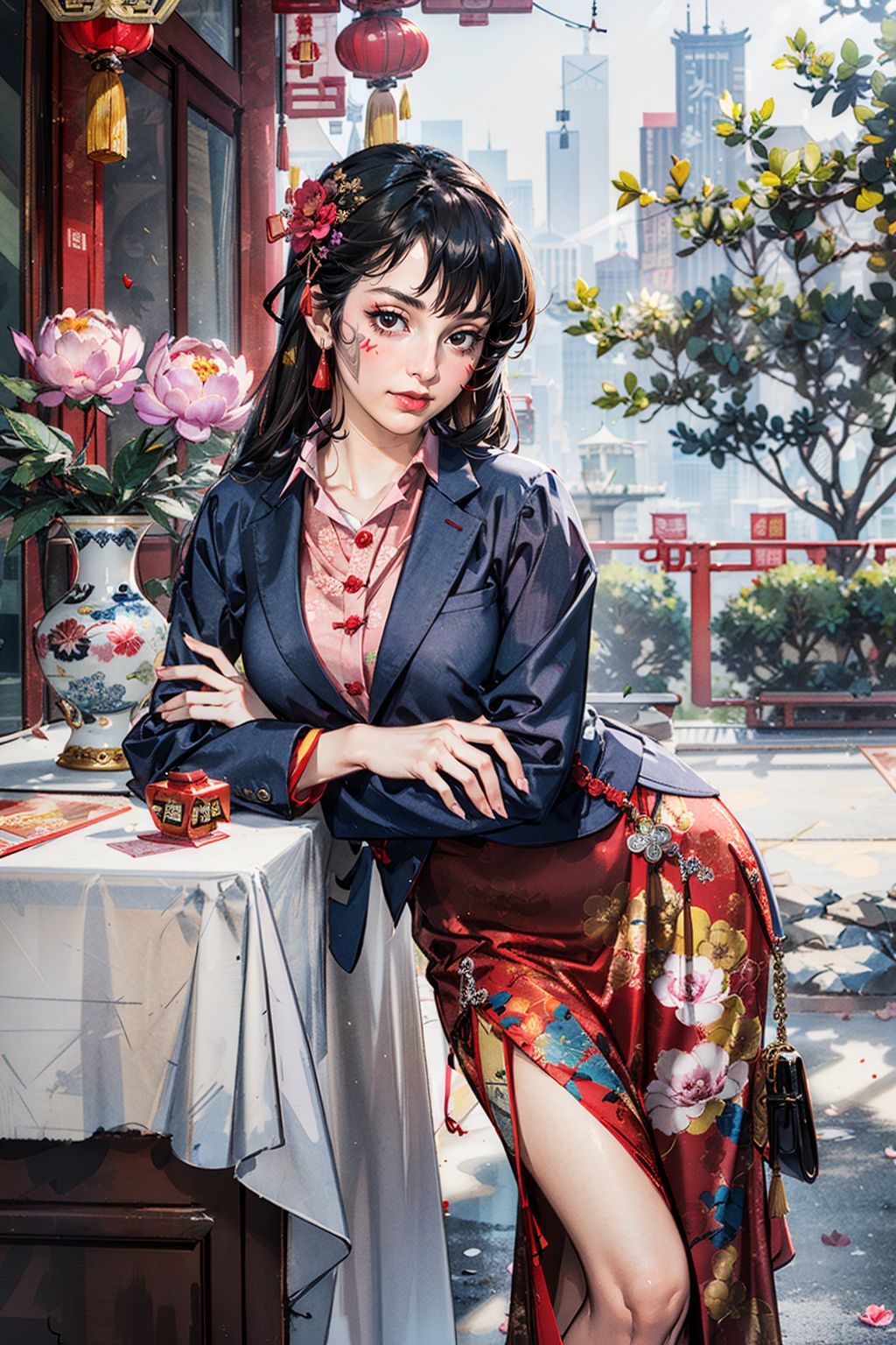 best quality,masterpiece,(landscape:1.3),(suit:1.3),(peony (flower):1.2),(photorealistic:1.4),unity 8k wallpaper,vase,sunlight,blunt bangs,huasanchuan,(ultra detailed:1.3),(light_on_face:1.4),1girl,blcc,solo,skirt,(looking at viewer:1.2),looking at viewer,(leaning_on_object:1.2),light rays,large breasts,(long hair:1.3),(chinese new year:1.4),outdoors,