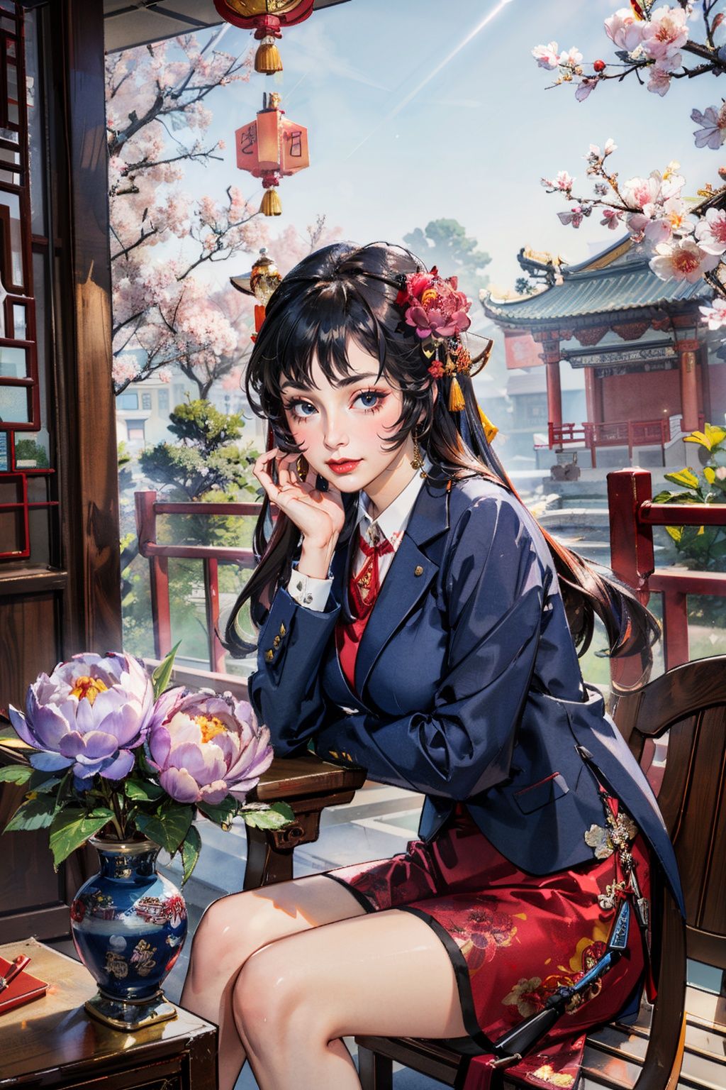 (suit:1.5),best quality,masterpiece,(landscape:1.3),(peony (flower):1.2),(photorealistic:1.4),unity 8k wallpaper,vase,sunlight,blunt bangs,huasanchuan,(ultra detailed:1.3),(light_on_face:1.4),1girl,blcc,solo,(looking at viewer:1.2),looking at viewer,(leaning_on_object:1.2),light rays,large breasts,(long hair:1.3),(chinese new year:1.4),outdoors,