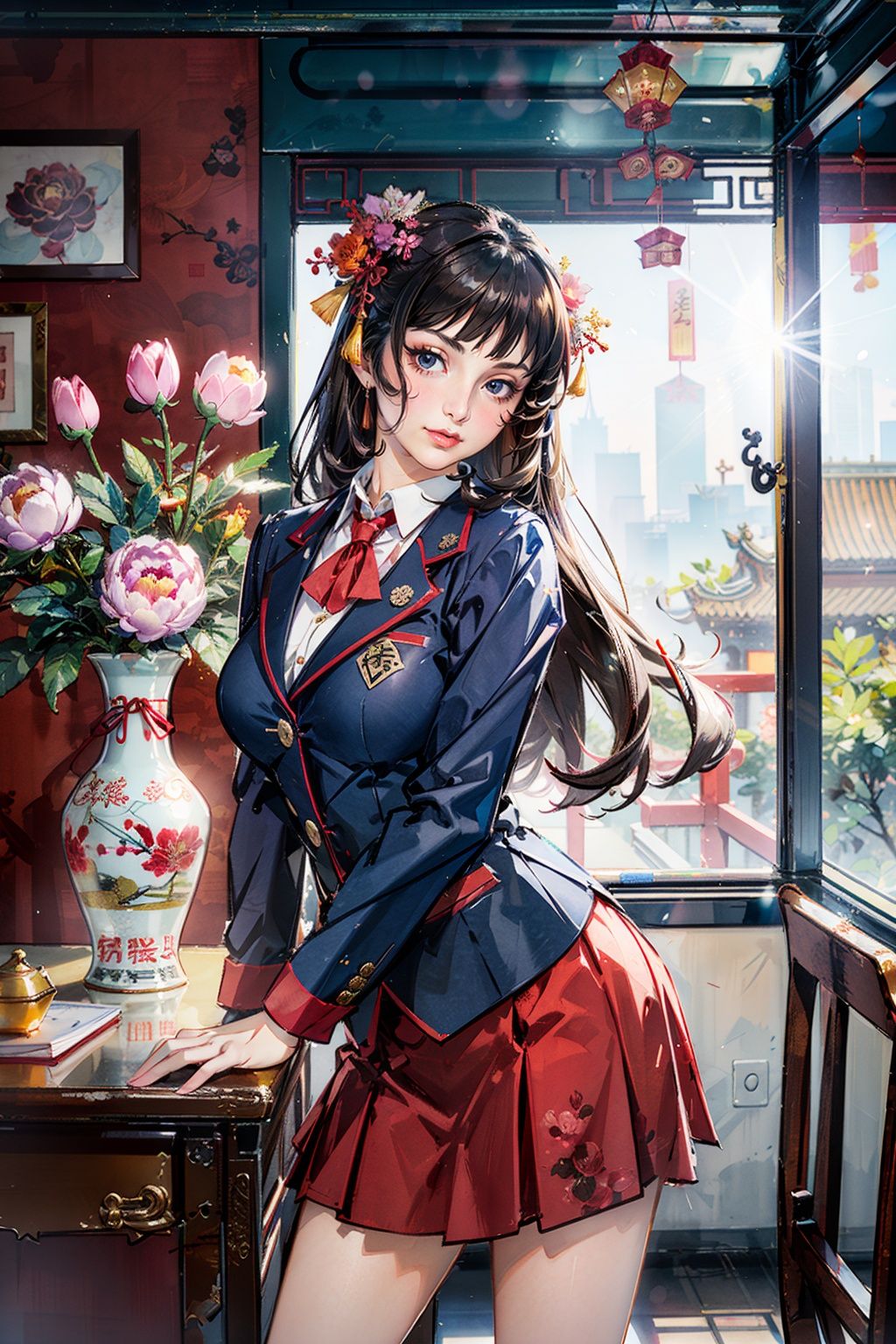 best quality,masterpiece,(naoetsu_high_school_uniform:1.4),(peony (flower):1.2),cowboy_shot,(photorealistic:1.4),unity 8k wallpaper,vase,sunlight,blunt bangs,huasanchuan,(ultra detailed:1.3),(light_on_face:1.4),1girl,blcc,solo,skirt,(looking at viewer:1.2),looking at viewer,(leaning_on_object:1.2),light rays,large breasts,(long hair:1.3),(chinese new year:1.4),outdoors,