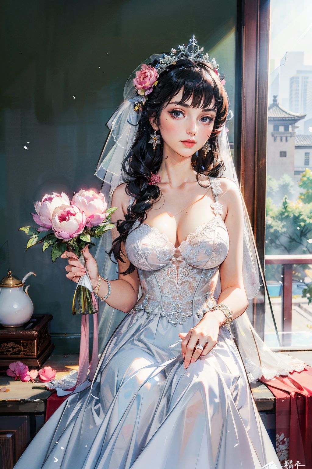 (wedding_dress:1.4),best quality,masterpiece,(landscape:1.3),(peony (flower):1.2),(photorealistic:1.4),unity 8k wallpaper,vase,sunlight,blunt bangs,huasanchuan,(ultra detailed:1.3),(light_on_face:1.4),1girl,blcc,solo,(looking at viewer:1.2),looking at viewer,(leaning_on_object:1.2),light rays,large breasts,(long hair:1.3),outdoors,chinese new year,