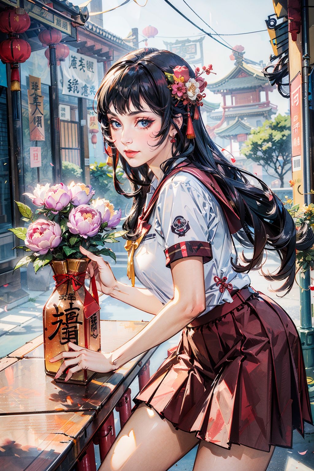 best quality,masterpiece,(naoetsu_high_school_uniform:1.4),(peony (flower):1.2),cowboy_shot,(photorealistic:1.4),unity 8k wallpaper,vase,sunlight,blunt bangs,huasanchuan,(ultra detailed:1.3),(light_on_face:1.4),1girl,blcc,solo,skirt,(looking at viewer:1.2),looking at viewer,(leaning_on_object:1.2),light rays,large breasts,(long hair:1.3),(chinese new year:1.4),outdoors,