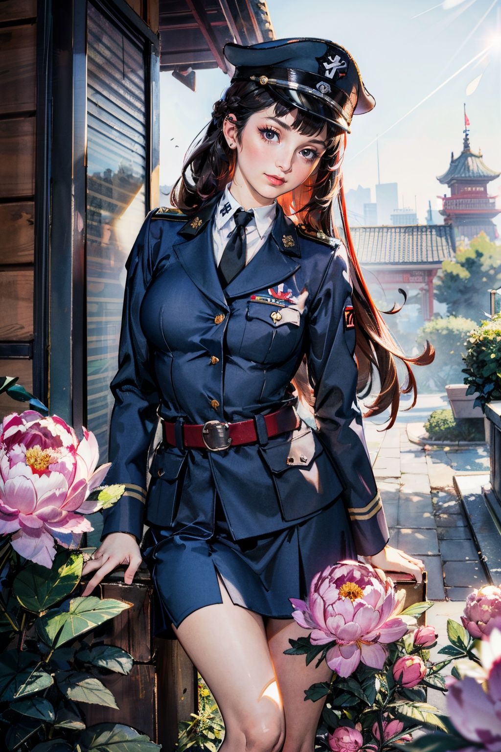 (ss_uniform/nazi_uniform:1.4),best quality,masterpiece,(landscape:1.3),(peony (flower):1.2),(photorealistic:1.4),unity 8k wallpaper,vase,sunlight,blunt bangs,huasanchuan,(ultra detailed:1.3),(light_on_face:1.4),1girl,blcc,solo,(looking at viewer:1.2),looking at viewer,(leaning_on_object:1.2),light rays,large breasts,(long hair:1.3),outdoors,chinese new year,