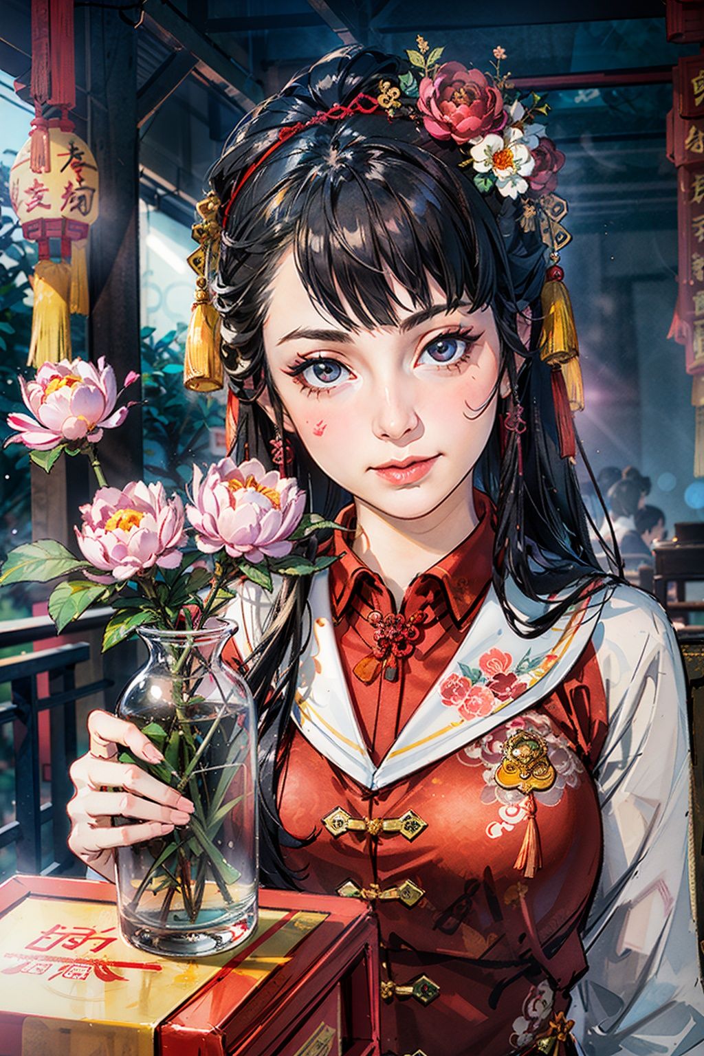 best quality,masterpiece,(portrait:1.2),(naoetsu_high_school_uniform:1.4),(peony (flower):1.2),(photorealistic:1.4),unity 8k wallpaper,vase,sunlight,blunt bangs,huasanchuan,(ultra detailed:1.3),(light_on_face:1.4),1girl,blcc,solo,skirt,(looking at viewer:1.2),looking at viewer,(leaning_on_object:1.2),light rays,large breasts,(long hair:1.3),(chinese new year:1.4),outdoors,