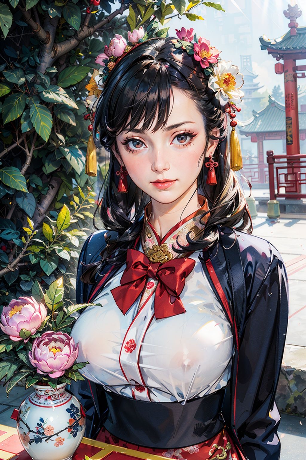 best quality,masterpiece,(portrait:1.2),(naoetsu_high_school_uniform:1.4),(peony (flower):1.2),(photorealistic:1.4),unity 8k wallpaper,vase,sunlight,blunt bangs,huasanchuan,(ultra detailed:1.3),(light_on_face:1.4),1girl,blcc,solo,skirt,(looking at viewer:1.2),looking at viewer,(leaning_on_object:1.2),light rays,large breasts,(long hair:1.3),(chinese new year:1.4),outdoors,