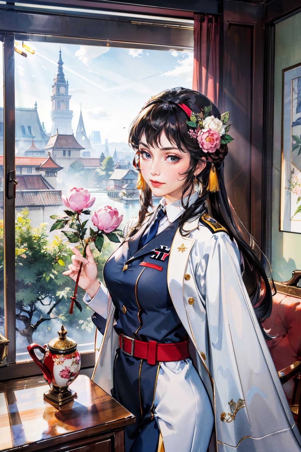 (ss_uniform/nazi_uniform:1.4),best quality,masterpiece,(landscape:1.3),(peony (flower):1.2),(photorealistic:1.4),unity 8k wallpaper,vase,sunlight,blunt bangs,huasanchuan,(ultra detailed:1.3),(light_on_face:1.4),1girl,blcc,solo,(looking at viewer:1.2),looking at viewer,(leaning_on_object:1.2),light rays,large breasts,(long hair:1.3),outdoors,chinese new year,