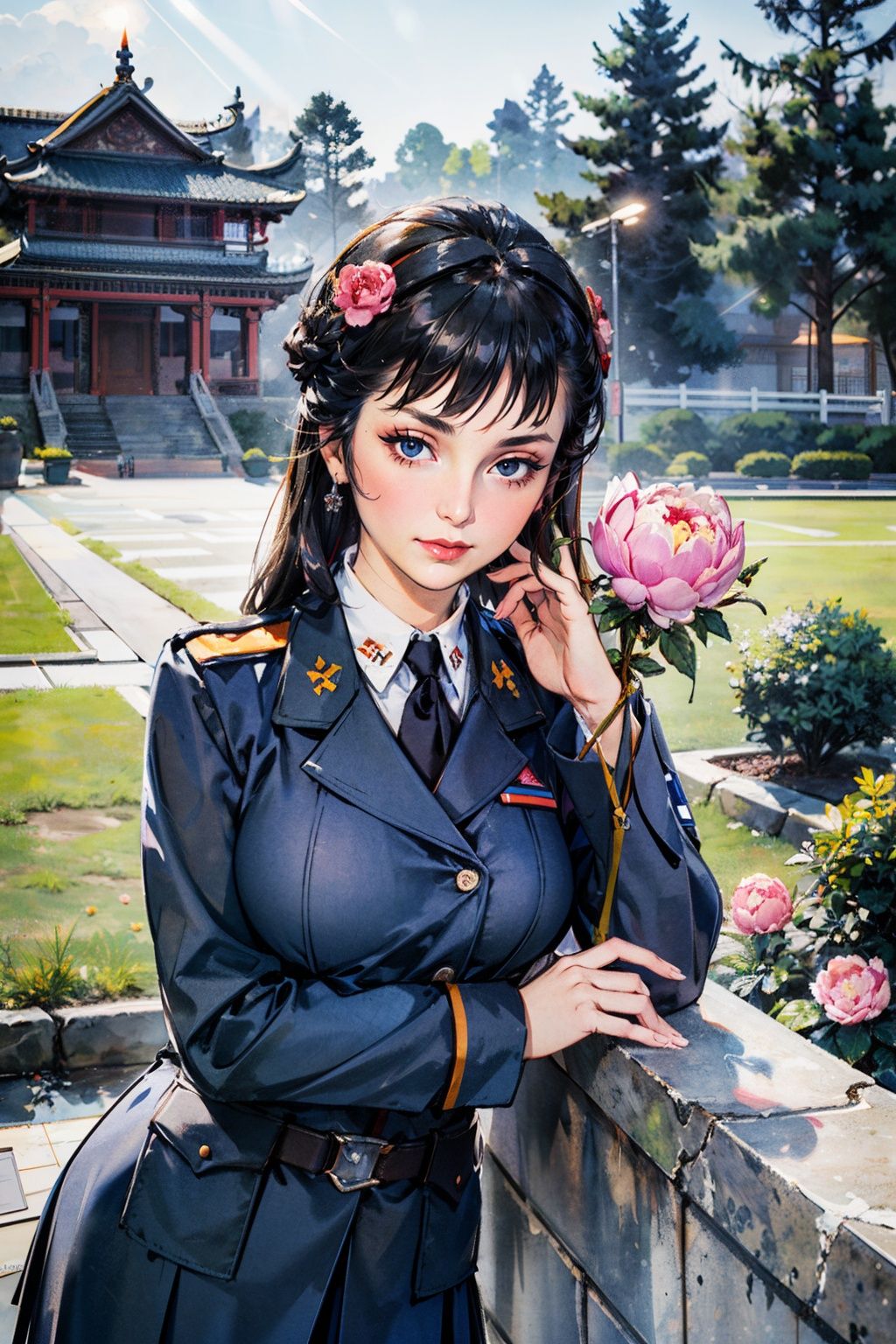 (ss_uniform/nazi_uniform:1.4),best quality,masterpiece,(landscape:1.3),(peony (flower):1.2),(photorealistic:1.4),unity 8k wallpaper,vase,sunlight,blunt bangs,huasanchuan,(ultra detailed:1.3),(light_on_face:1.4),1girl,blcc,solo,(looking at viewer:1.2),looking at viewer,(leaning_on_object:1.2),light rays,large breasts,(long hair:1.3),outdoors,chinese new year,