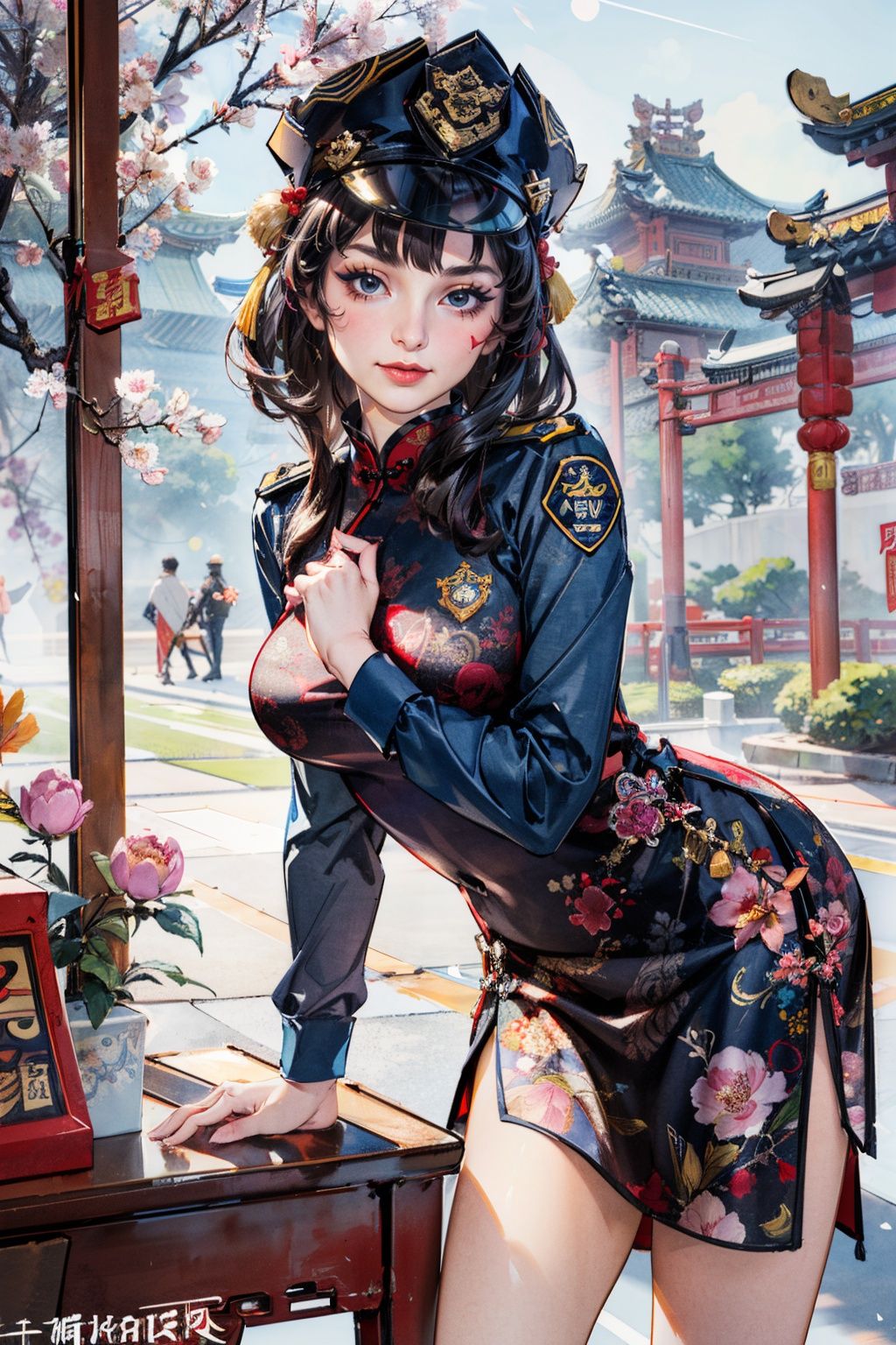(police_uniform:1.7),best quality,masterpiece,(landscape:1.3),(peony (flower):1.2),(photorealistic:1.4),unity 8k wallpaper,vase,sunlight,blunt bangs,huasanchuan,(ultra detailed:1.3),(light_on_face:1.4),1girl,blcc,solo,(looking at viewer:1.2),looking at viewer,(leaning_on_object:1.2),light rays,large breasts,(long hair:1.3),(chinese new year:1.4),outdoors,