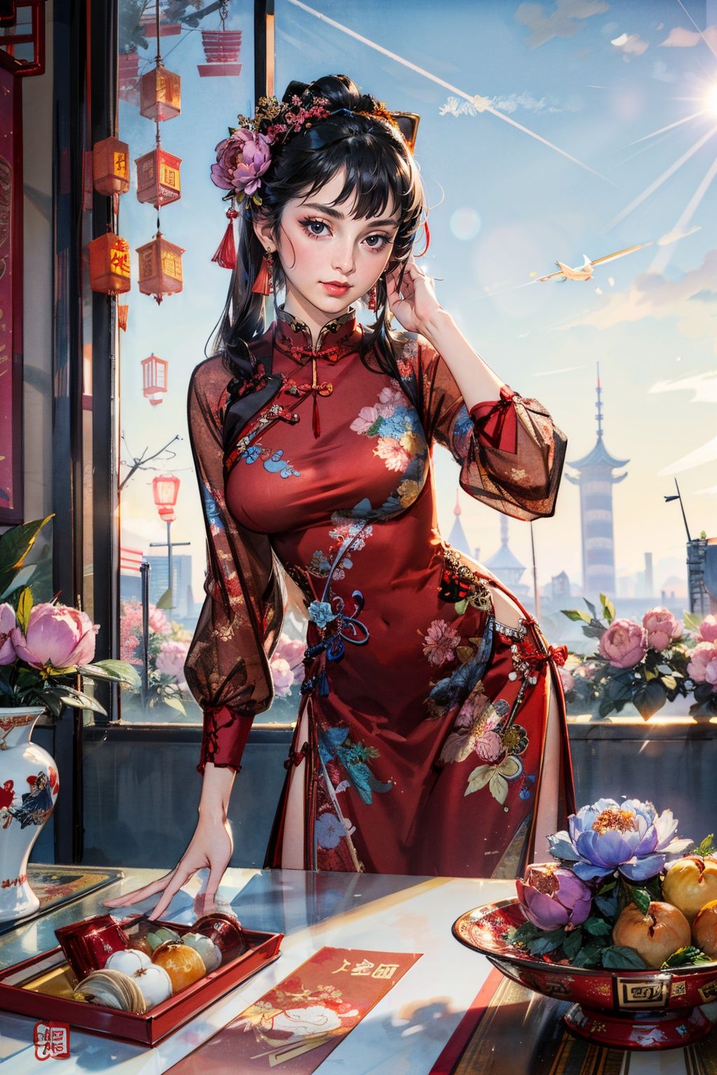 best quality,masterpiece,(suit:1.4),(landscape:1.3),(peony (flower):1.2),(photorealistic:1.4),unity 8k wallpaper,vase,sunlight,blunt bangs,huasanchuan,(ultra detailed:1.3),(light_on_face:1.4),1girl,blcc,solo,(looking at viewer:1.2),looking at viewer,(leaning_on_object:1.2),light rays,large breasts,(long hair:1.3),(chinese new year:1.4),outdoors,