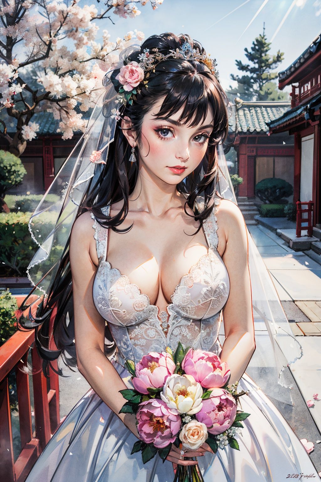 (wedding_dress:1.4),best quality,masterpiece,(landscape:1.3),(peony (flower):1.2),(photorealistic:1.4),unity 8k wallpaper,vase,sunlight,blunt bangs,huasanchuan,(ultra detailed:1.3),(light_on_face:1.4),1girl,blcc,solo,(looking at viewer:1.2),looking at viewer,(leaning_on_object:1.2),light rays,large breasts,(long hair:1.3),outdoors,chinese new year,