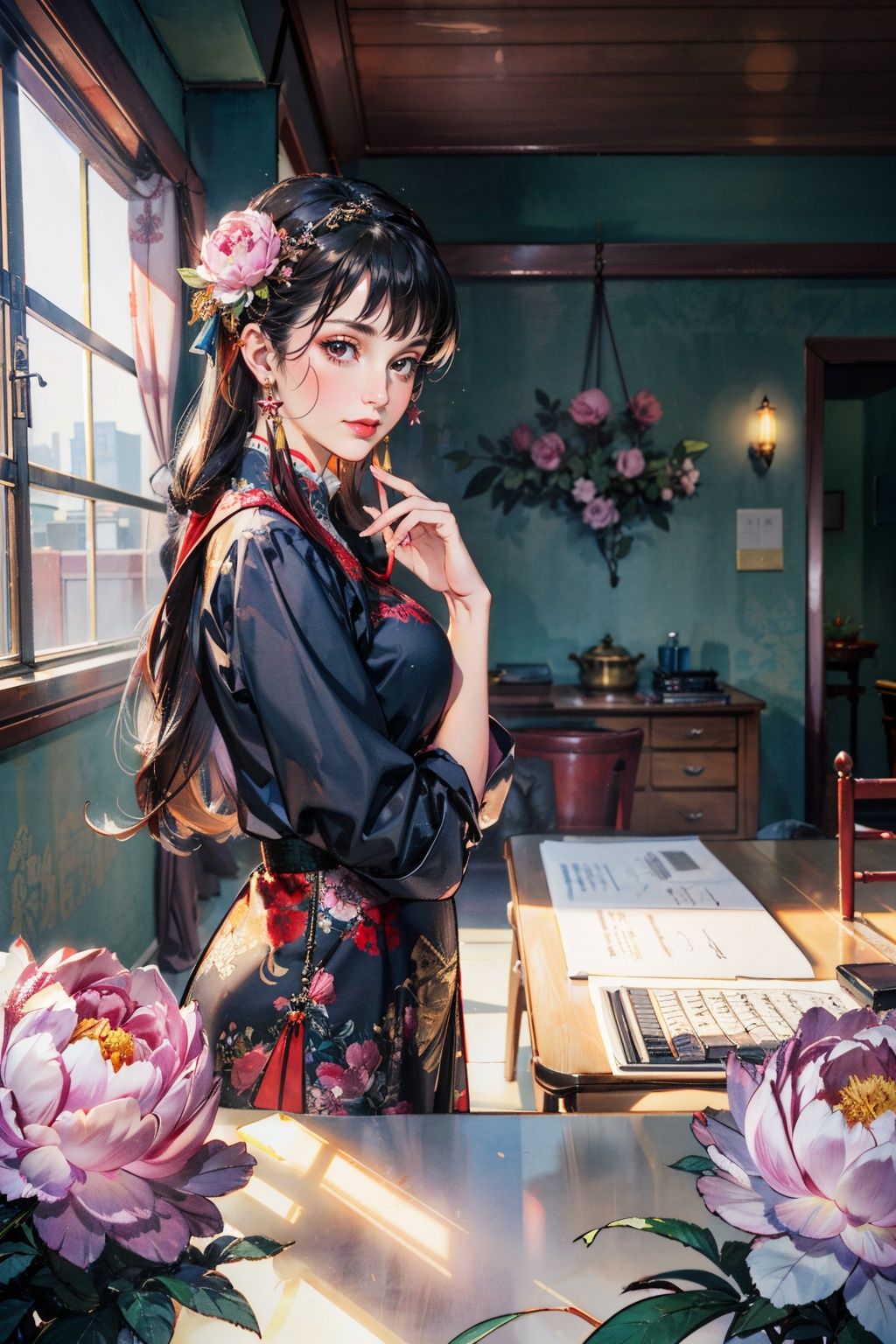 (domineering:1.4),best quality,masterpiece,(landscape:1.3),(peony (flower):1.2),(photorealistic:1.4),unity 8k wallpaper,vase,sunlight,blunt bangs,huasanchuan,(ultra detailed:1.3),(light_on_face:1.4),1girl,blcc,solo,(looking at viewer:1.2),looking at viewer,(leaning_on_object:1.2),light rays,large breasts,(long hair:1.3),outdoors,chinese new year,