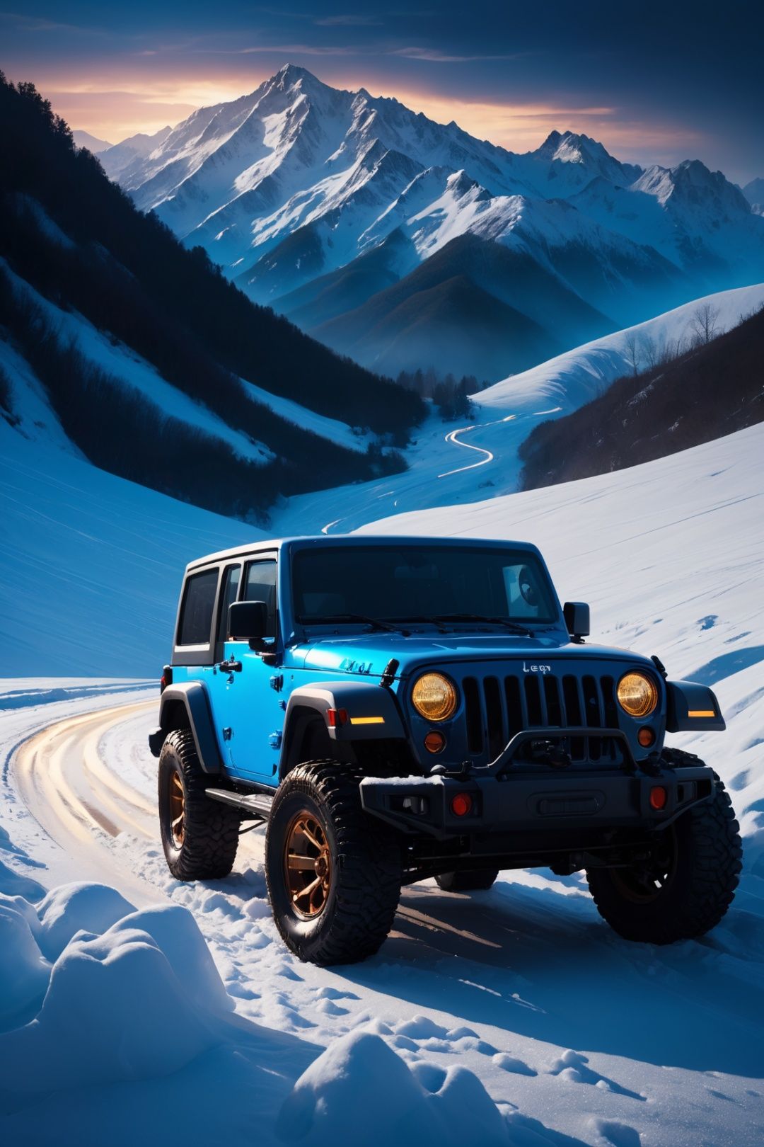  photographic of a Jeep car, snow mountain, epic photo, highly detailed, masterpiece, blue neon lights, cinematic angle, best quality, solo, bokeh, pixiv, depth of field
