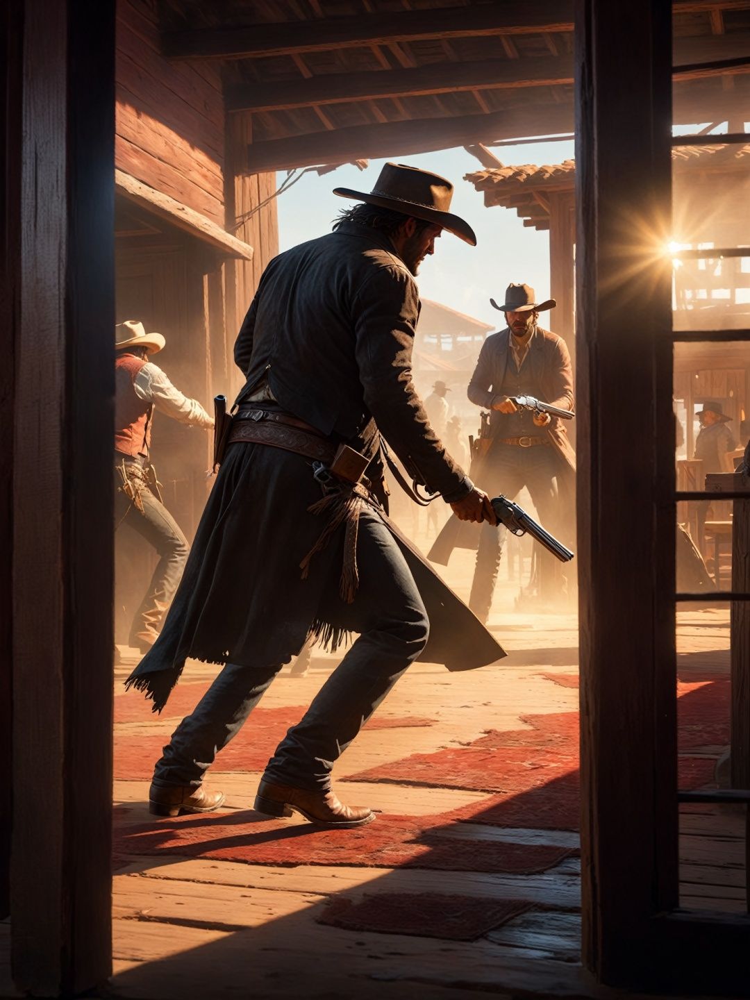  Intricate dynamic action shot of cowboy in a shootout, cinematic Steve Henderson Fabian Perez Henry Asencio Jeremy Mann Marc Simonetti Fantasy, red dead redemption 2 atmosphere, cinematic, #photograph