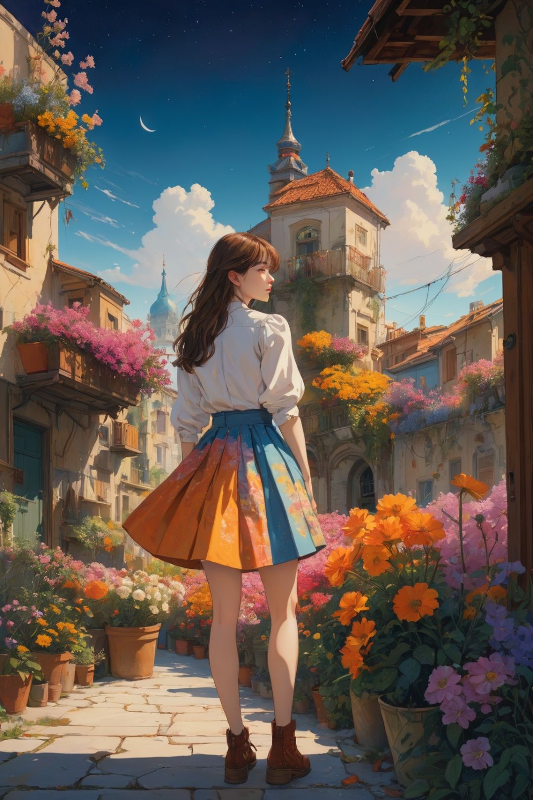  masterpiece, best quality, illustration of a girl, full body, mini skirt, perfect hand. ecstasy of flower, dynamic angle, elegant, break, vivid colours, romanticism, atmospheric, BREAK, artistic designs, cinematic, shot from below,(illustration by Mattias Adolfsson,full frame:1.5)